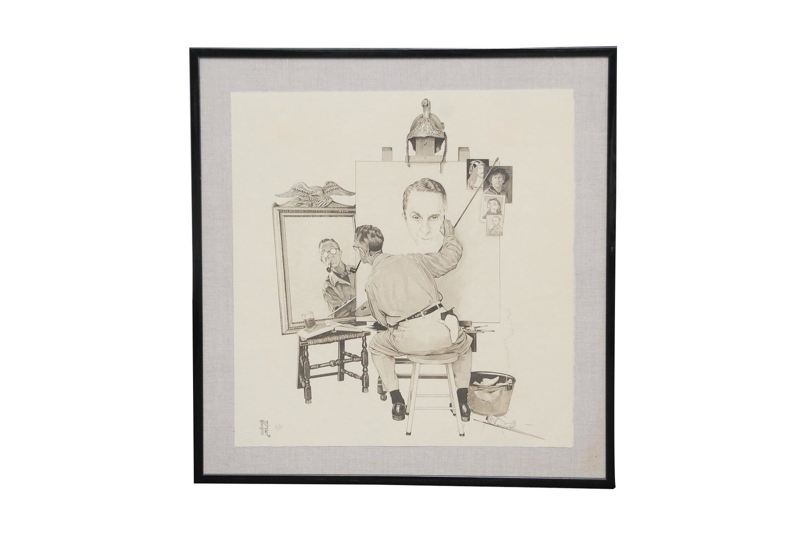 AFTER NORMAN ROCKWELL: "TRIPLE SELF PORTRAIT": circa 1983 lithograph artist's proof with printer's chap mark and Rockwell insignia lower left in plate 22 x 21 inches