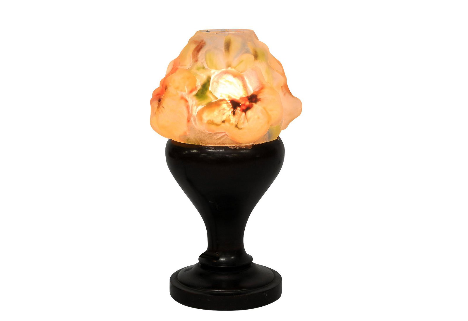 PAIRPOINT PANSIES PUFFY BOUDOIR LAMP: circa 1910-1929 reverse painted puffy glass shade with a turned wood base shade depicting pansies 8 total inches high; shade: 5 inches diameter; 4 inches high