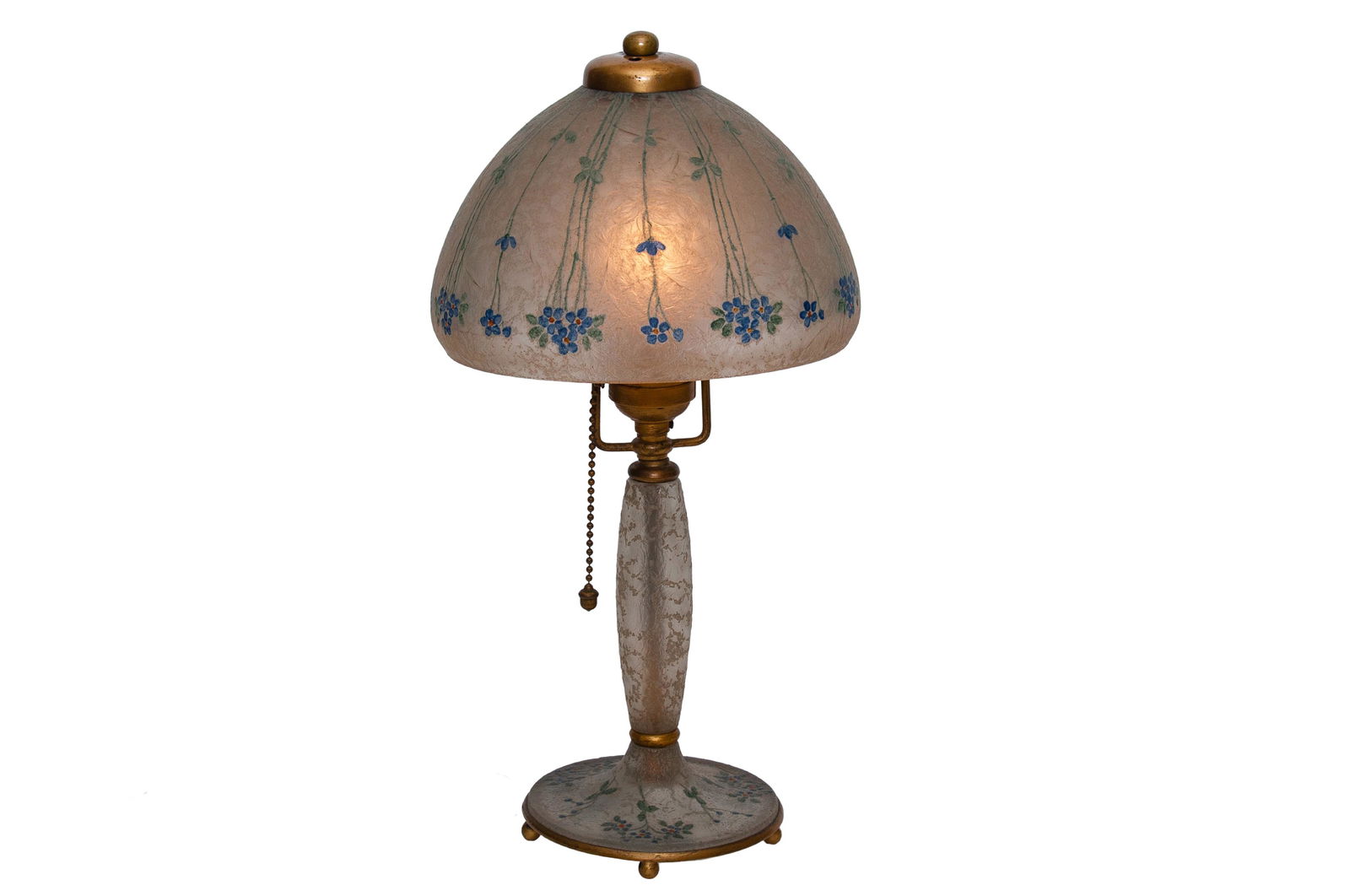 HANDEL BLUE FLOWERS GLASS BOUDOIR LAMP: circa 1914 painted "chipped ice" glass shade and base on a gilt metal rim base and shade depicting long stem blue flowers shade signed 6454 A. base embossed Handel underside 14 total inches high; shad