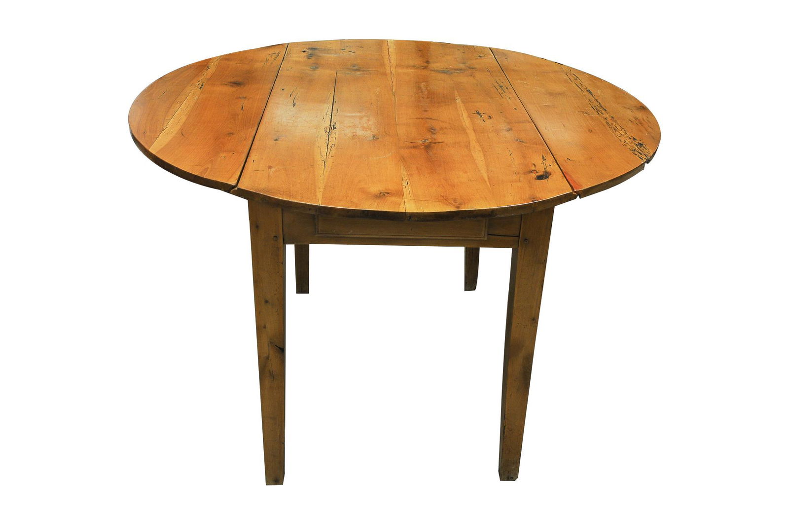 AMERICAN PINE DROP LEAF SIDE TABLE: circa late 19th Century with plank top, the hinged leaves resting on sliding wood supports, and a frieze drawer to one short end Condition: with restoration and insect holes to top and frieze; scratch