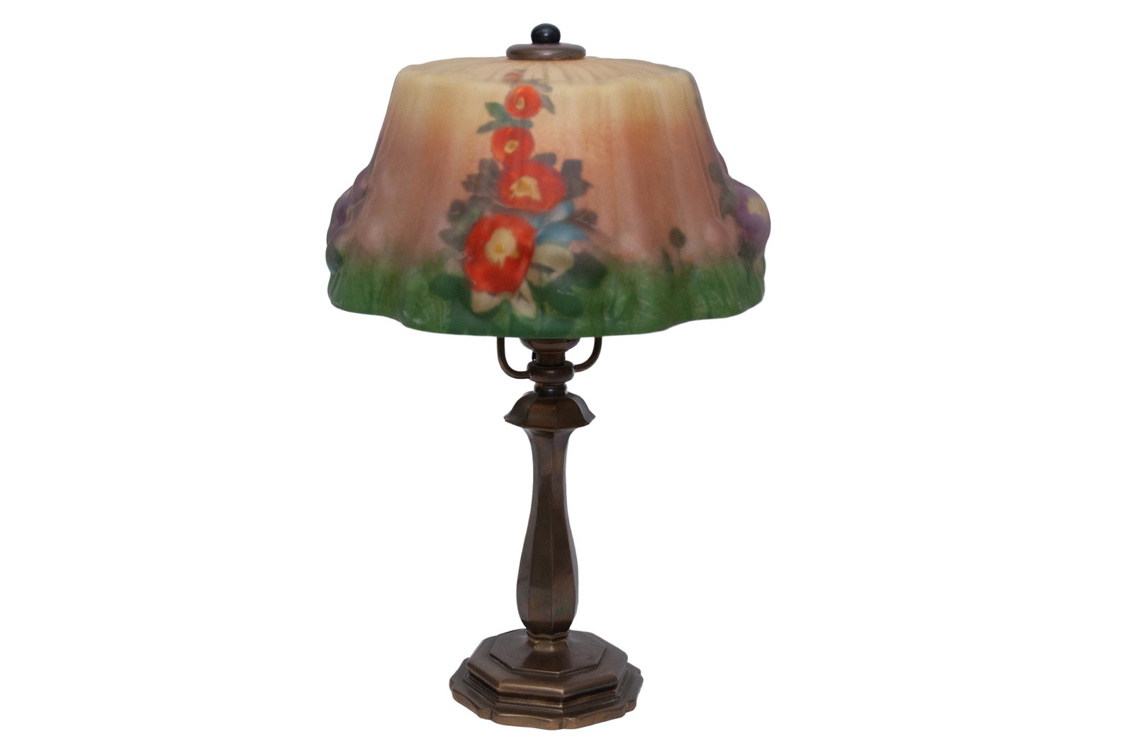 PAIRPOINT HOLLYHOCKS PUFFY SHADE DESK LAMP: circa 1920-1929 reverse painted "puffy" glass shade with a brass base shade depicting multi-color hollyhock flowers shade signed The Pairpoint Corp'n underside base signed Pairpoint, C 3057 underside 