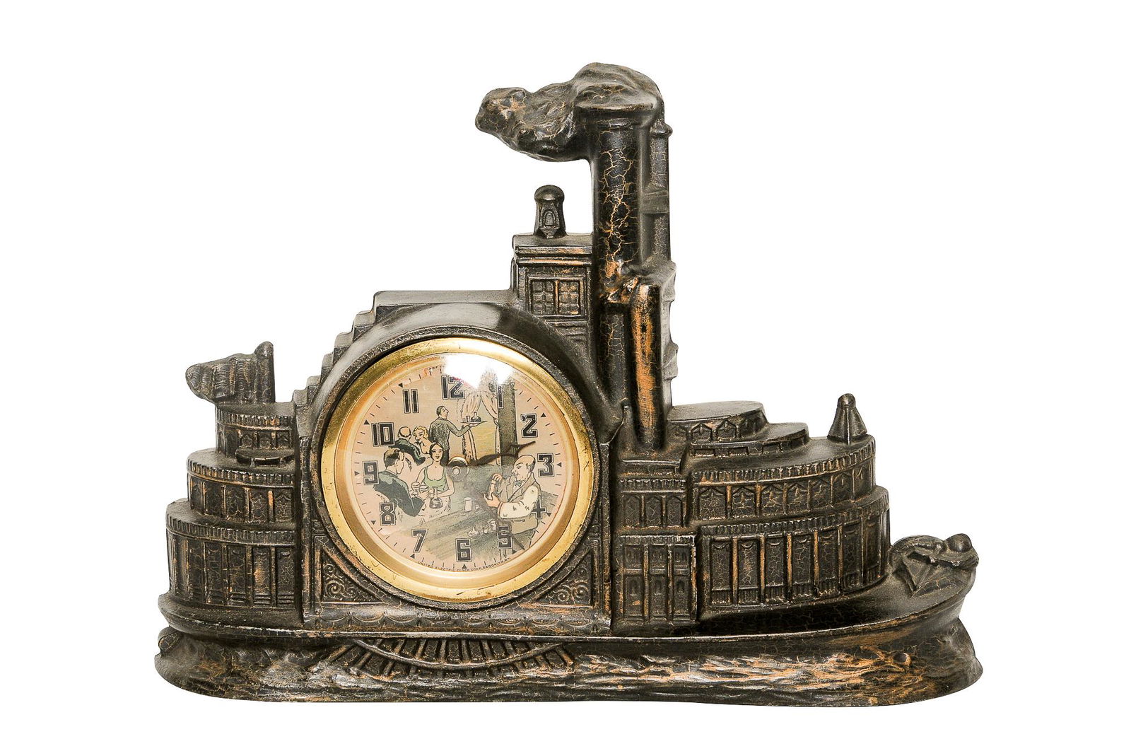 UNITED ELECTRIC CLOCK CO. MANTEL CLOCK, RIVER BOAT,: circa 1933 patinated metal with a paper dial clock depicting a river steamboat on the water Condition: with tears to paper dial and loss to patina 14 1/2 inches wide; 3 3/4 inches deep; 10 1/2 inches