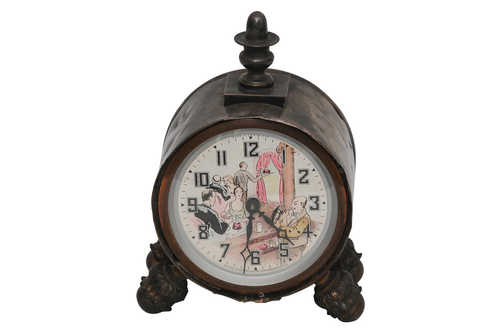 CUSTOM SILVERPLATE FOOTED DESK CLOCK: circa 20th Century; the body possibly earlier United Electric Clock Corp. face set in a silverplate body, set in place with small nails Condition: worn and with dimples throughout, custom made 6 inche