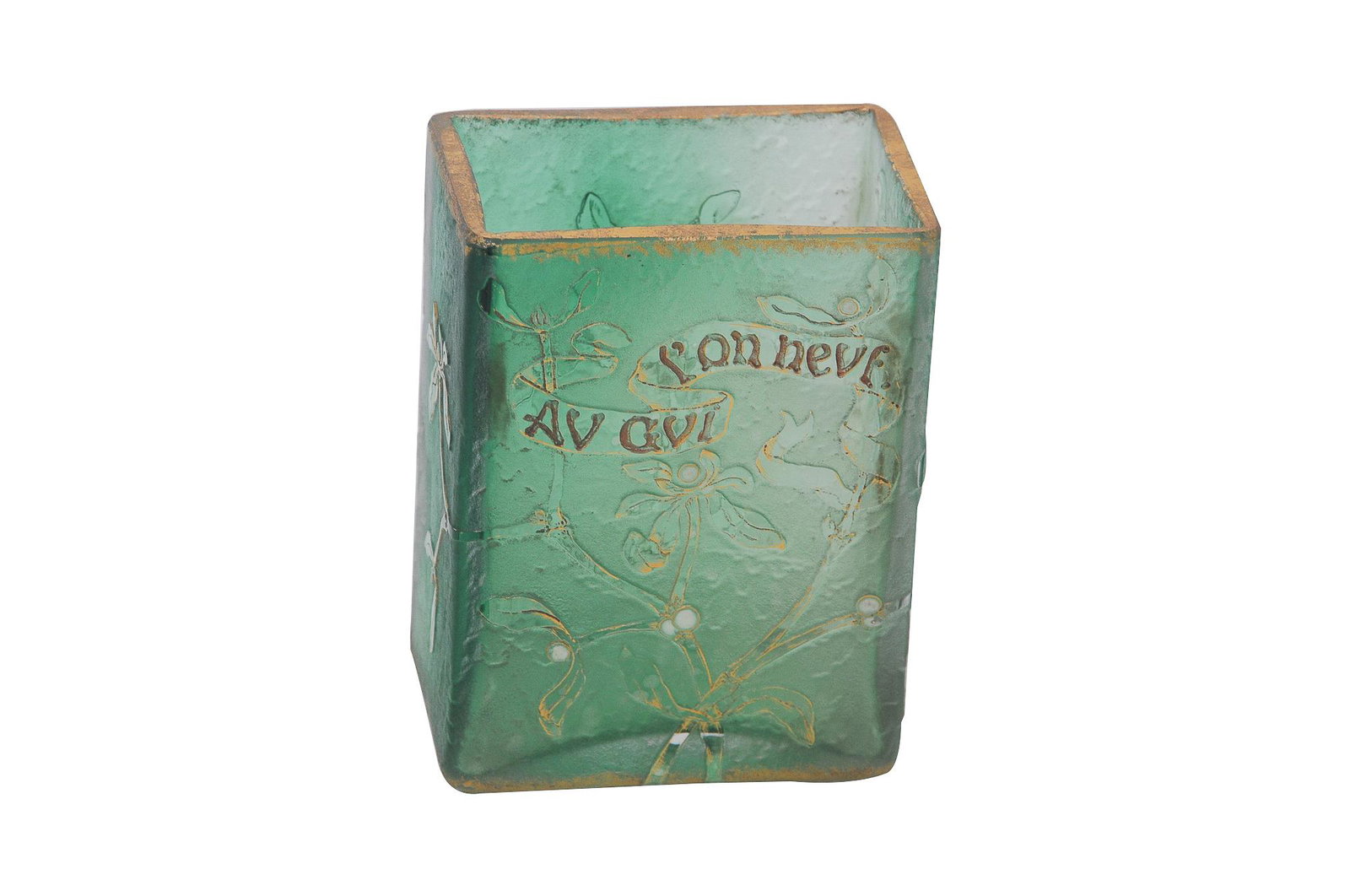 DAUM NANCY MISTLETOE VASE: signed Daum Nancy underside with Cross of Lorraine engraved "Au Gui L'An Neuf" Provenance: Craftsman Arts & Crafts Auction, May 22/23, 2004, Lambertville, NJ [Lot 1026] 3 3/4 inches wide; 2 1/2 inches