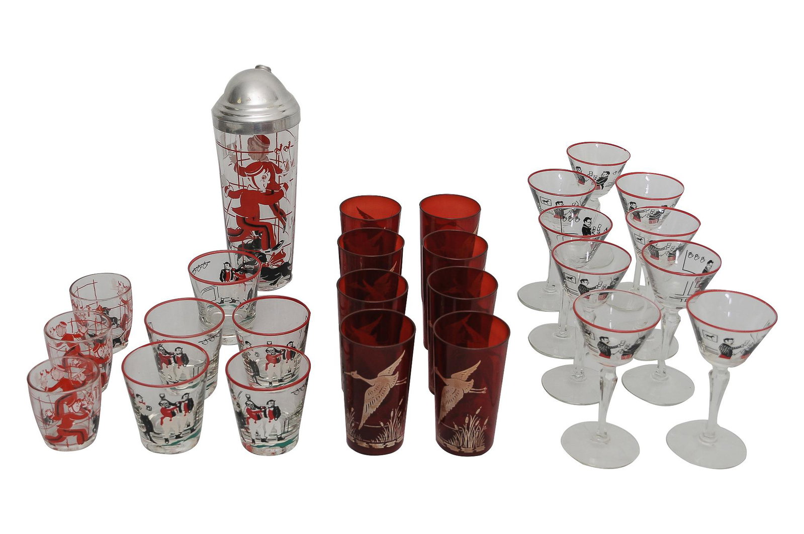 COLLECTION OF CLEAR & RED GLASS BARWARE: circa mid-20th Century depicting scenes of sporting gentlemen, bellhops and soaring egrets including: shaker, eight glasses, five short glasses, three small glasses and eight stems shaker: 10 inches h