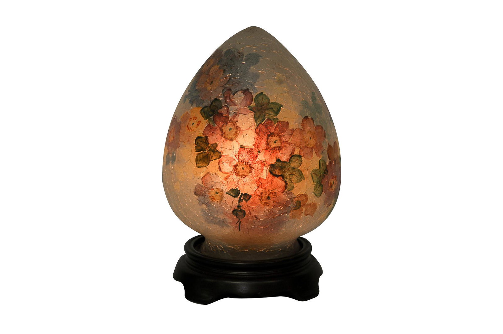 HANDEL FLORAL SHELF LIGHT: circa 1926 painted craquelure glass shade with a wood base of a later date shade depicting a floral spray shade signed HANDEL 7404 near base 8 total inches high; shade: 6 inches diameter; 7 inches hig