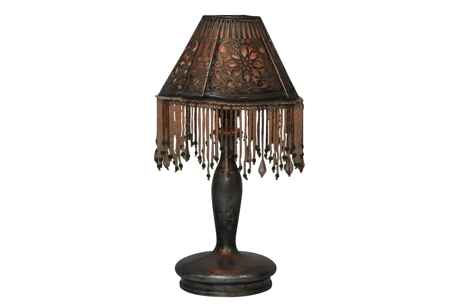 PAIRPOINT & GORHAM DESK LAMP: circa 1920 silverplate and beaded reticulated shade with a silvered metal base shade depicting a floral design shade signed GORHAM CO. 0560 underside base signed PAIRPOINT MFG. CO. underside Condition