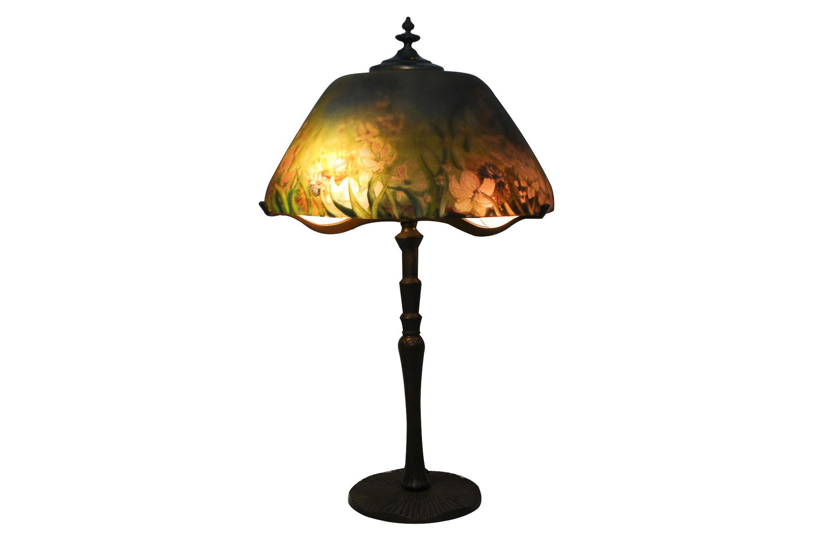 TIFFANY STUDIOS LAMP BASE WITH FLORAL SHADE: reverse painted glass shade with a Tiffany Studios base shade of a different manufacturer depicting pink flowers base signed faintly underside Condition: with replacement cap; shade sits loose on base