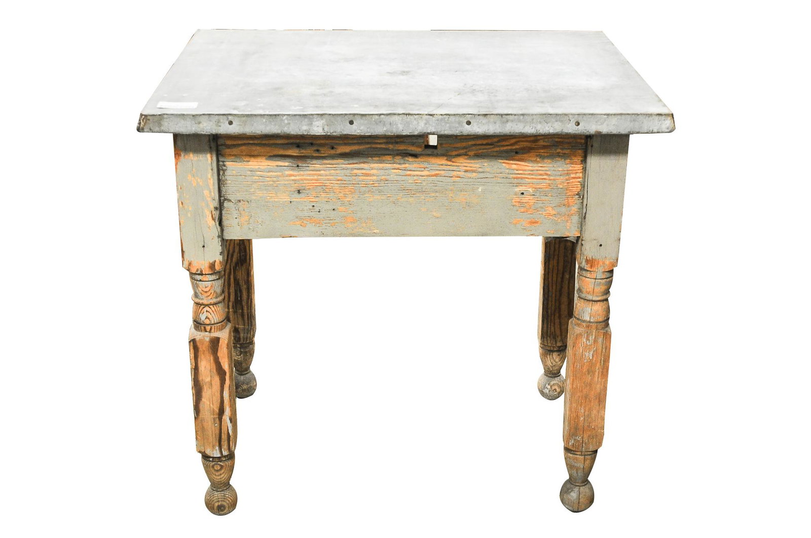 AMERICAN TIN-TOP PAINTED WORK TABLE: grey-painted pine and tin Condition: weathered; with abrasions, wear and loss to paint and splits and losses to timber throughout; each frieze with a 1 1/2 x 3/4 inch cut-out. 31 inches wide; 24 inche
