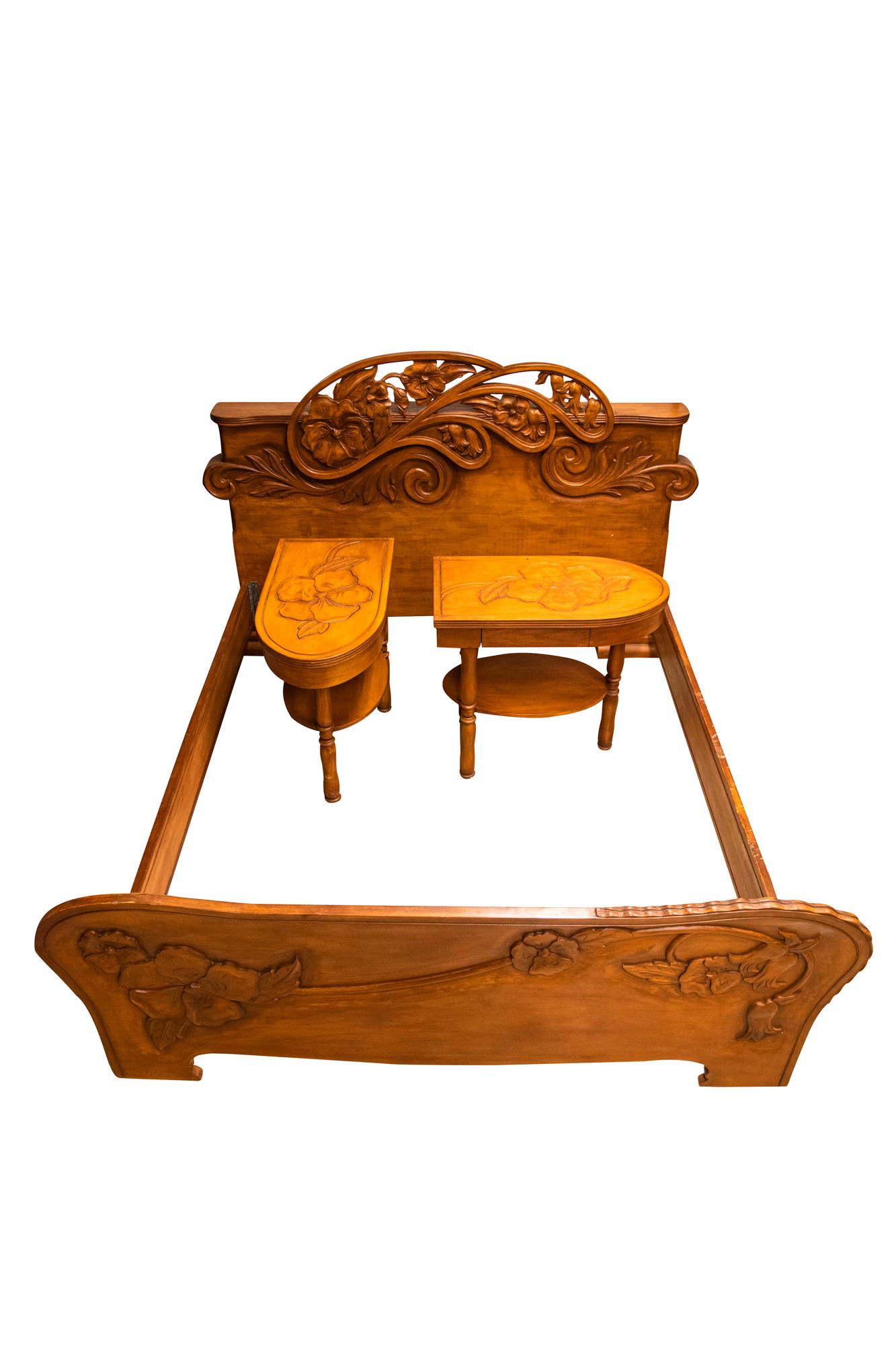 LEO LAPLANTE ART NOUVEAU STYLE BED & PAIR OF NIGHT: circa late 20th Century walnut the night stands: 18 inches wide; 34 inches deep; 30 inches high; the bed: 86 inches wide