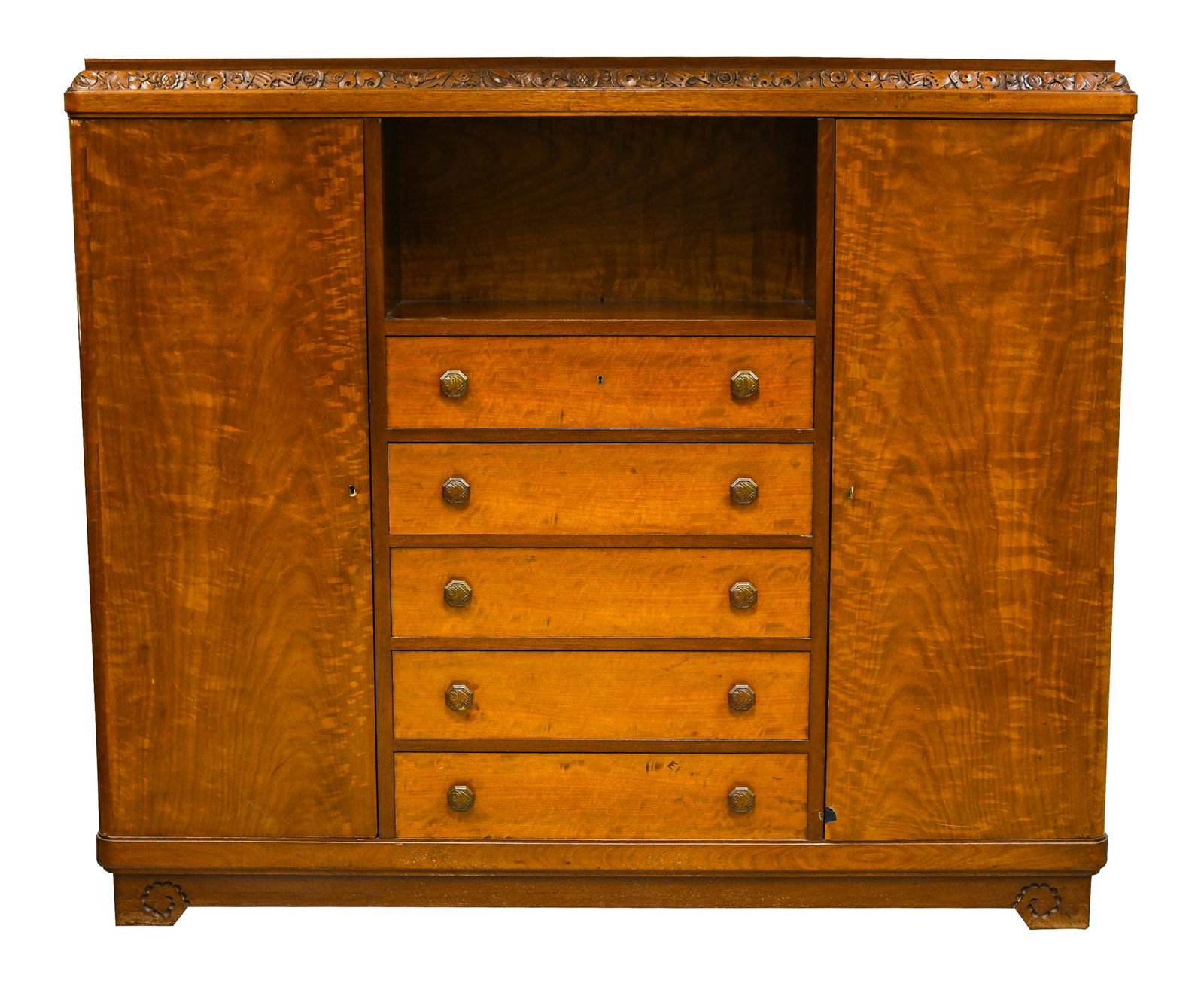LOUIS MAJORELLE FRENCH ART DECO WARDROBE: with chased metal hardware Condition: with nicks to veneer on each door and on bottom drawer; light loss throughout consistent with age 80 inches wide; 16 inches deep; 66 inches high