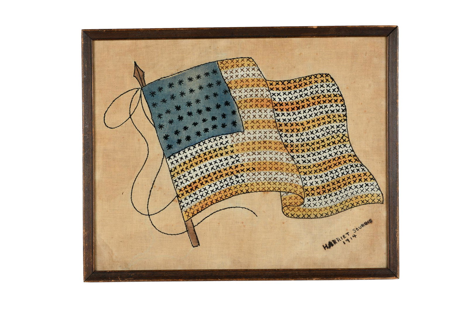 HARRIET STURGIS: AMERICAN FLAG NEEDLEWORK: circa 1914 on a cardboard backing Condition: with staining and discoloration throughout consistent with age 15 x 19 inches