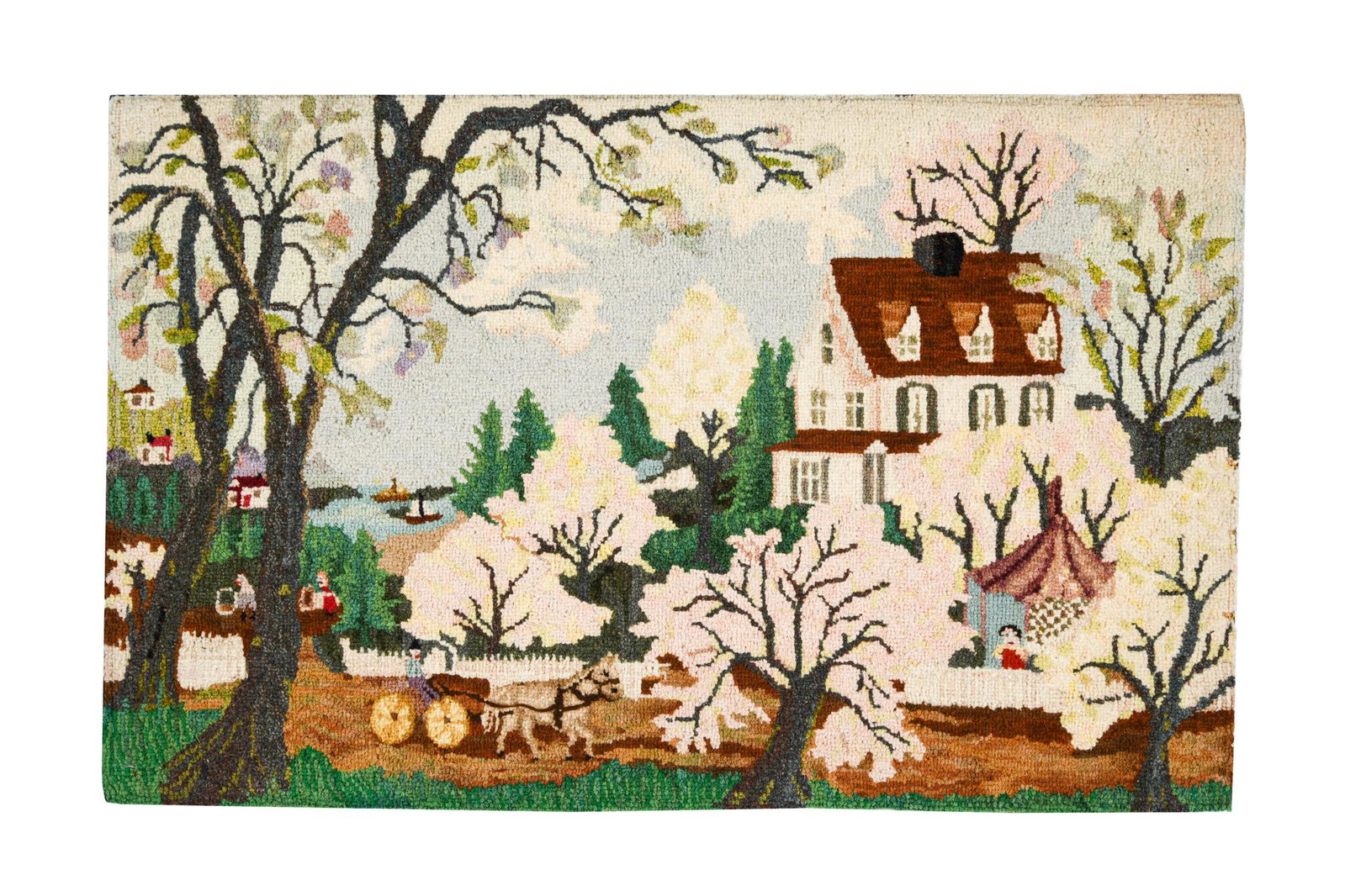 CARRIAGE SCENE NEEDLEWORK: needlework on burlap 17 x 27 inches