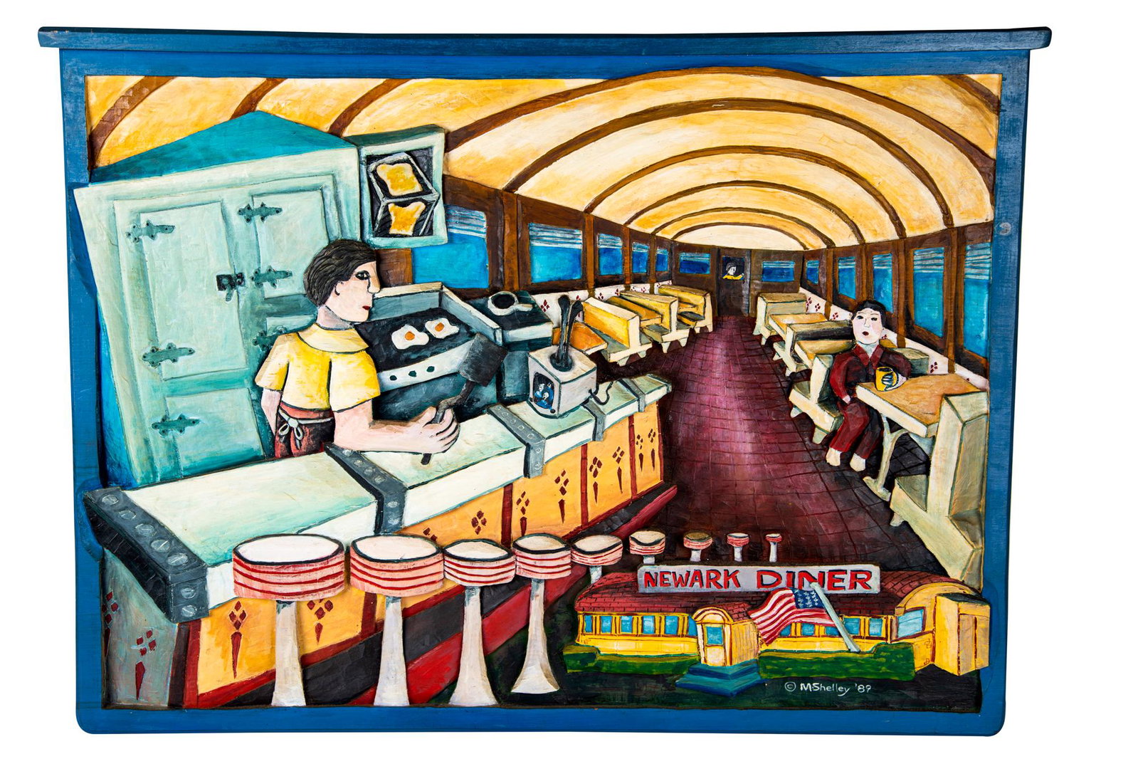 MARY MICHAEL SHELLEY: "NEWARK DINER": circa 1989 carved and painted wood signed and dated lower right and verso inscribed verso: NYSCA DINER SERIES 24 1/2 x 33 inches