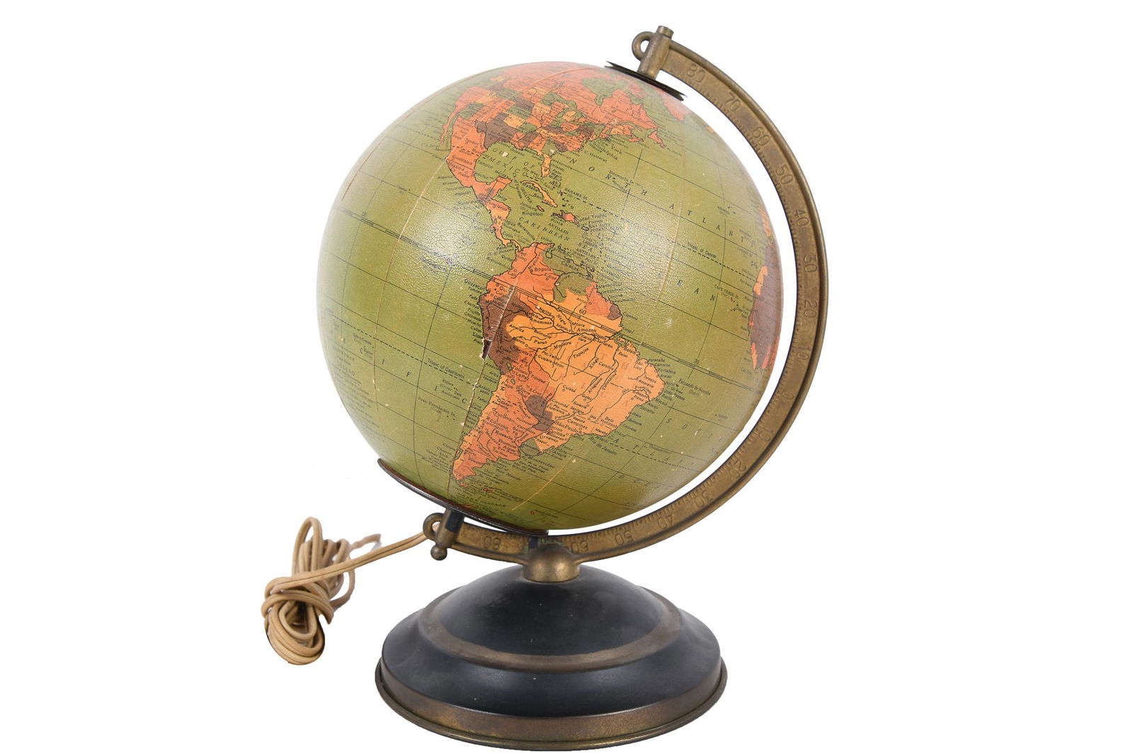 EPILOGUE GLOBES TABLE LAMP: glass lamp with paper map decoration on a painted brass base Condition: with nicks and loss to paper throughout; needs to be rewired 12 inches high
