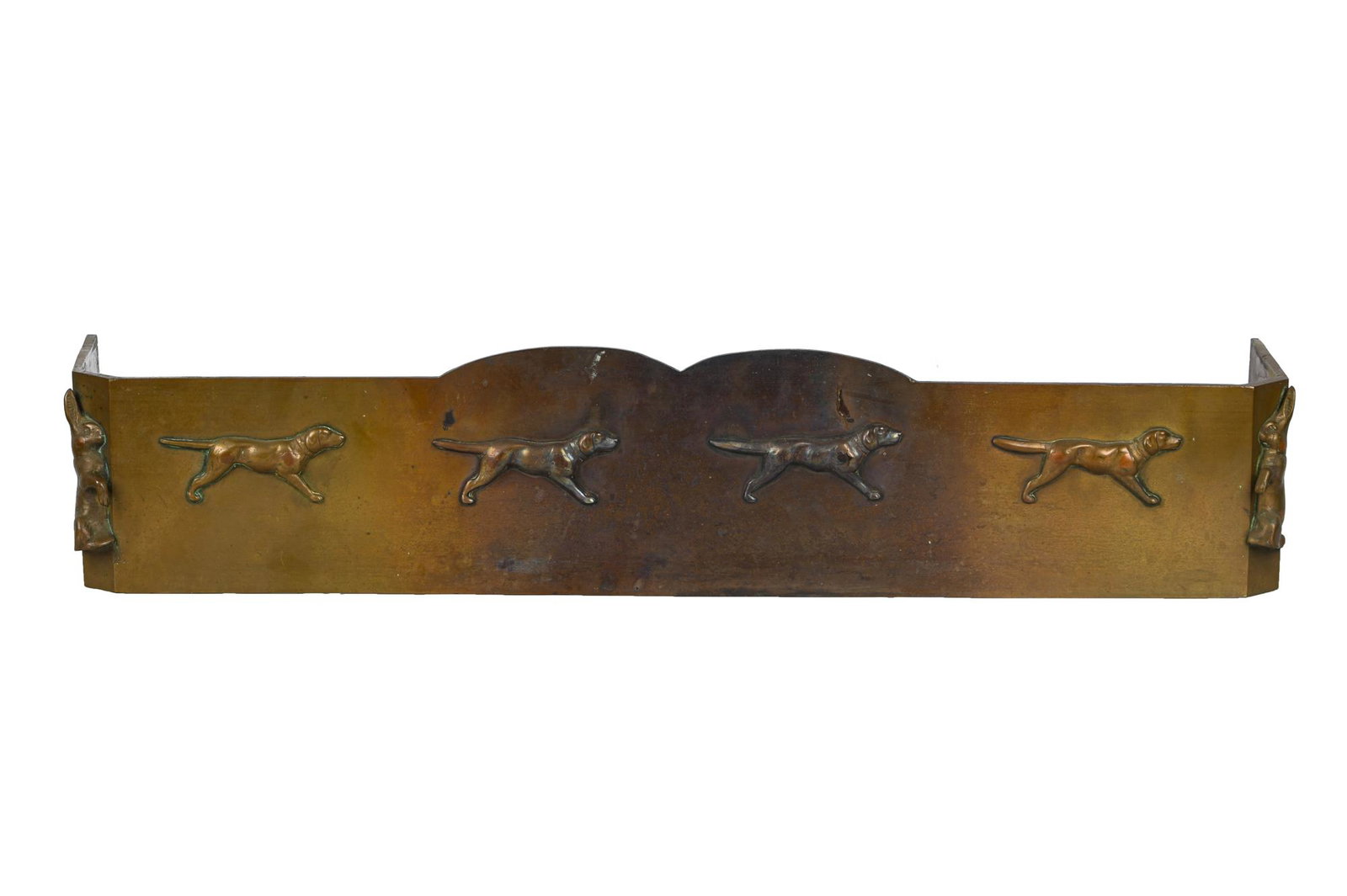 HUNT THEME FIRE FENDER: gilt bronze depicting a repeating hunting dog motif with rabbits on each edge Condition: with resin and tape residue to upper middle of face; with heat discoloration to middle front 39 inches wide; 9 