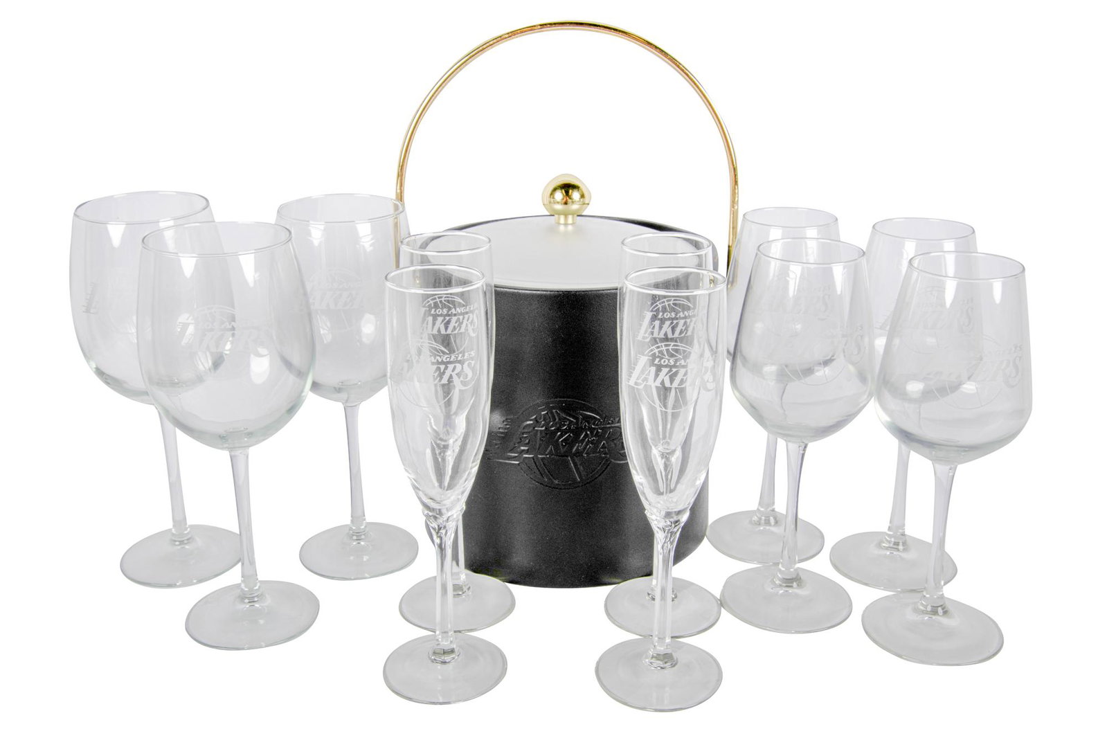 LOS ANGELES LAKERS STEMWARE & ICE BUCKET: circa early 21st Century glass stems with an embossed leather ice bucket with logo front center including: eleven assorted stems: three large wine glasses, four wine glasses and four champagne flutes 