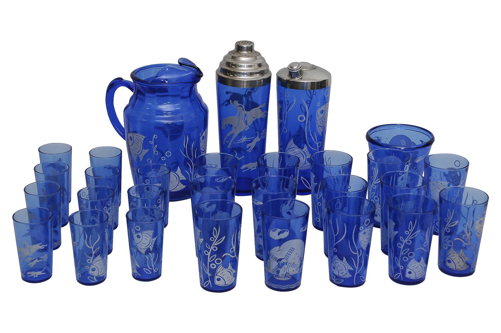 HAZEL ATLAS SPORTSMAN SERIES COBALT BLUE GLASS BARWARE: circa 1930's, unsigned, assembled set of three different patterns: Angel Fish, Fox Hunt and Windmills including: two shakers, one pitcher, fourteen glasses, eleven short glasses and one bucket Conditi