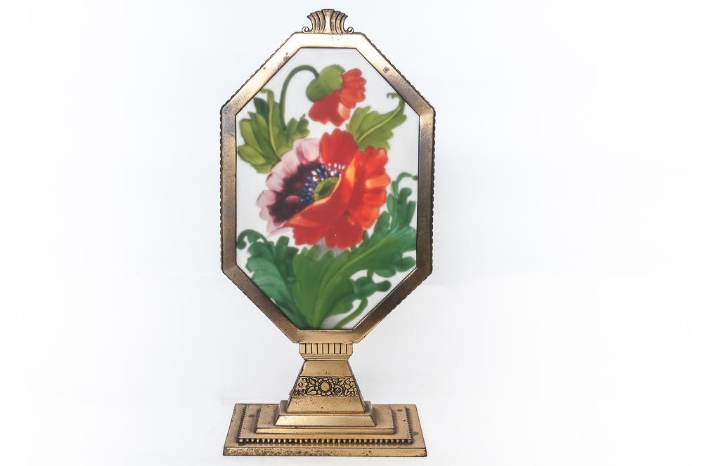 PAIRPOINT RADIO LAMP POPPY: circa 1929-1930 painted glass shade with a brass base shade depicting poppies base signed PAIRPOINT E303 underside Condition: base with tarnishing 13 1/2 total inches high; frame opening: 8 3/4 x 5 3/