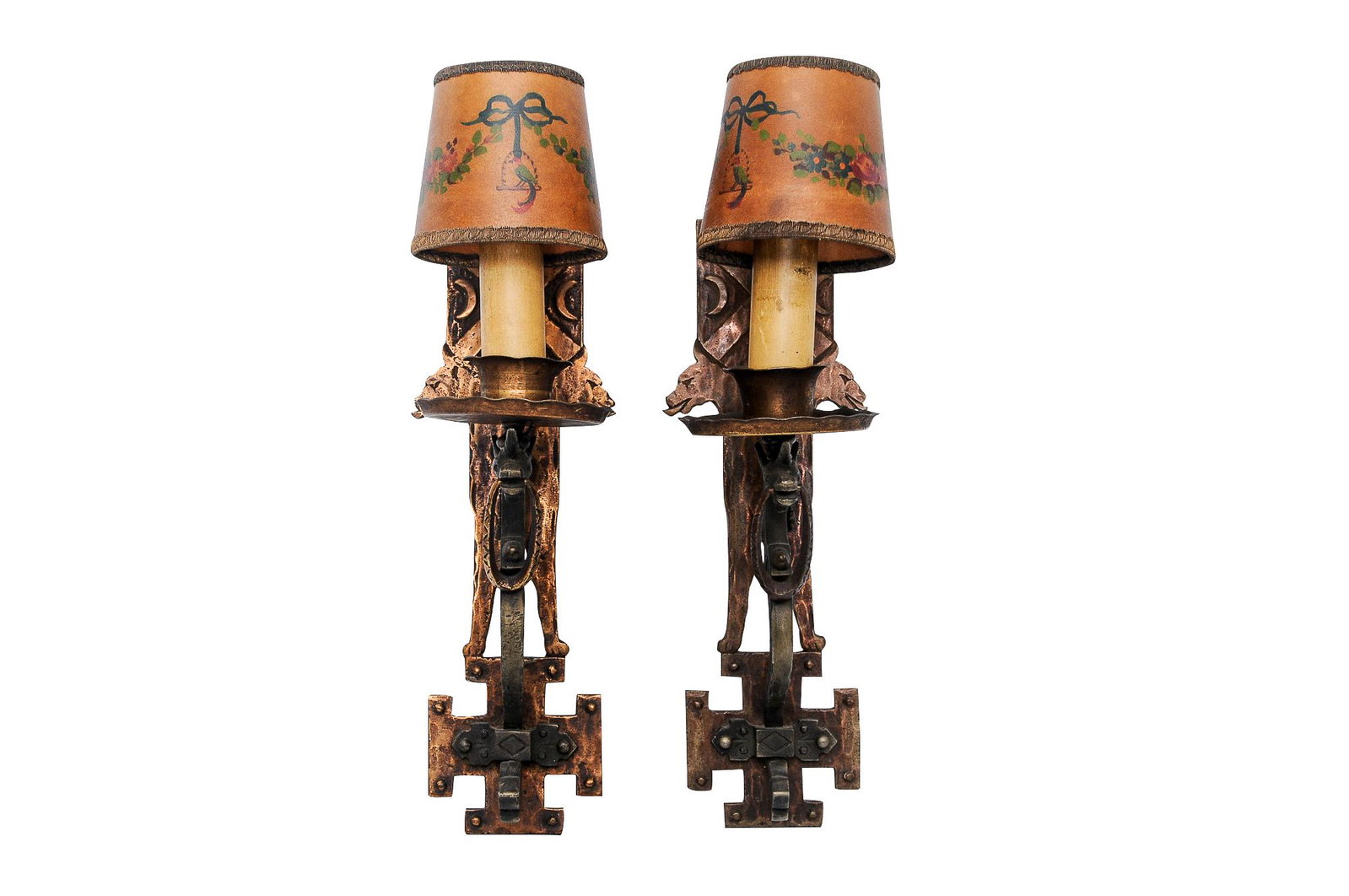 PAIR OF DRAGON FORM WALL SCONCES: circa 20th Century various patinated metals and painted paper and gilt thread sconces depicting a dragon holding a gilt ring against a celestial motif plate shades depicting a bird standing on a ribbo