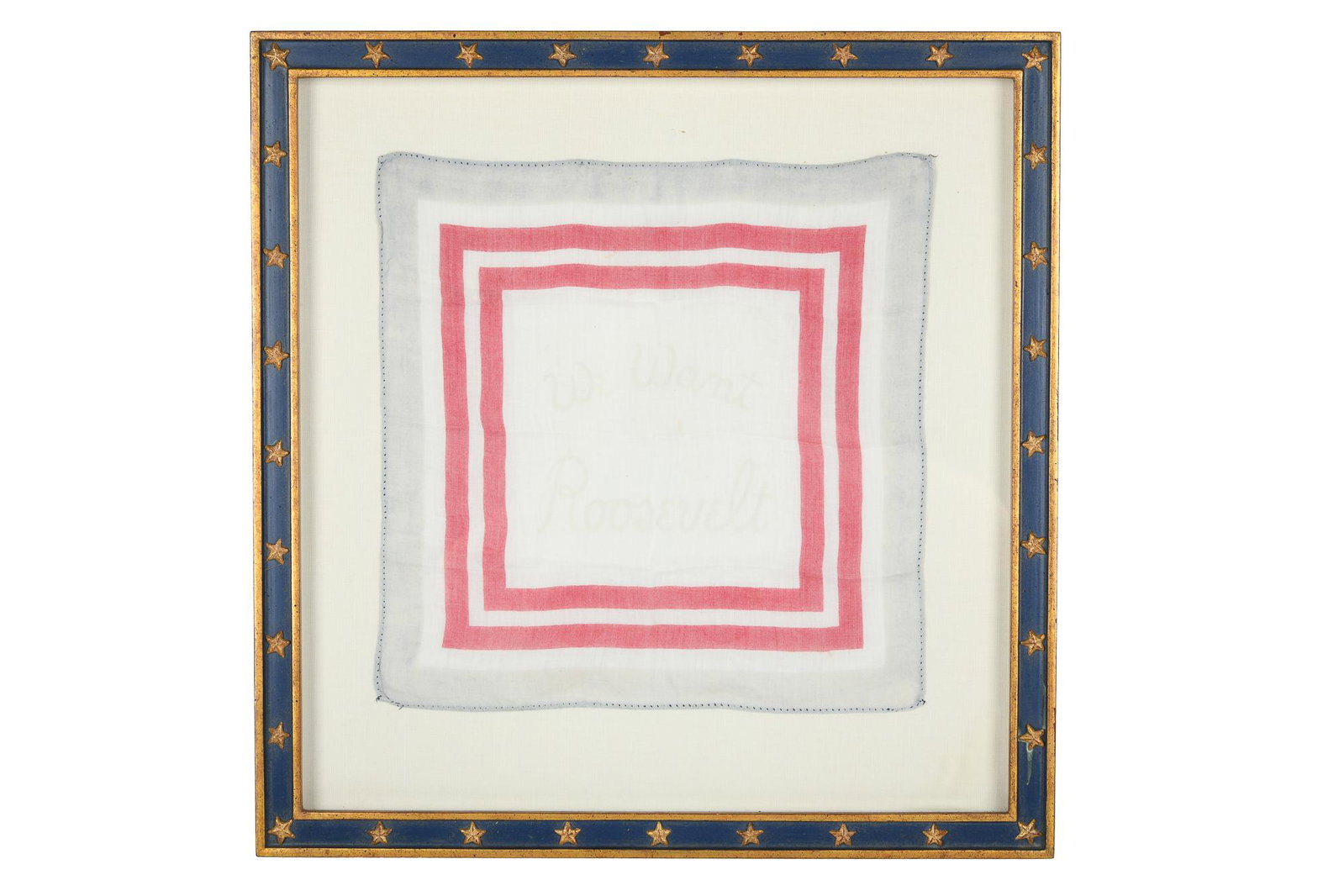 WE WANT ROOSEVELT HANDKERCHIEF: circa 1930's - 1940's framed handkerchief with a double red line border and a faint blue outer border Condition: faded and with a few faded stains the handkerchief: 12 inches squared