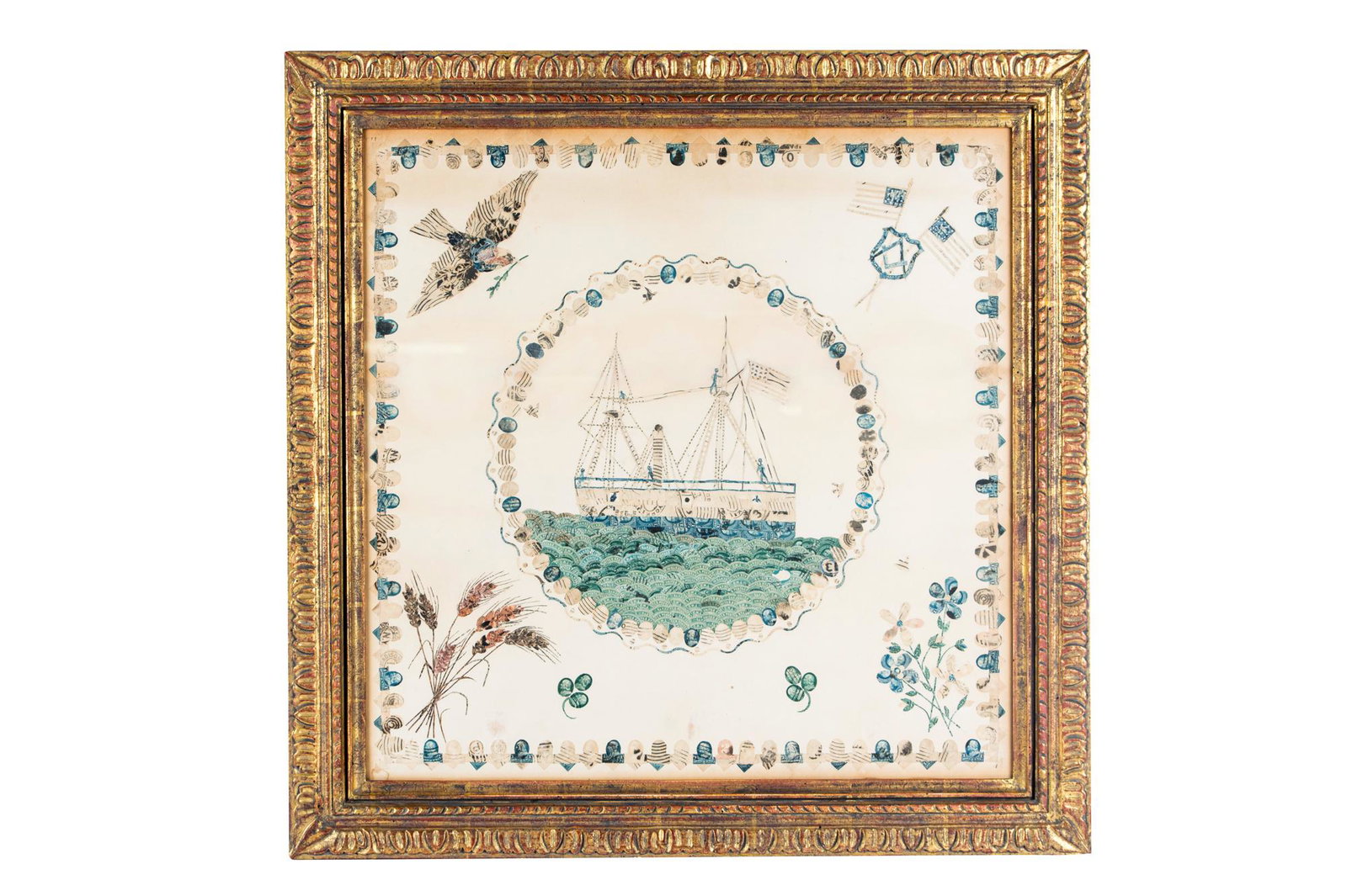 MASONIC SHIP AT SEA STAMP COLLAGE: circa late 19th Century cut postage stamps 21 1/2 x 21 inches