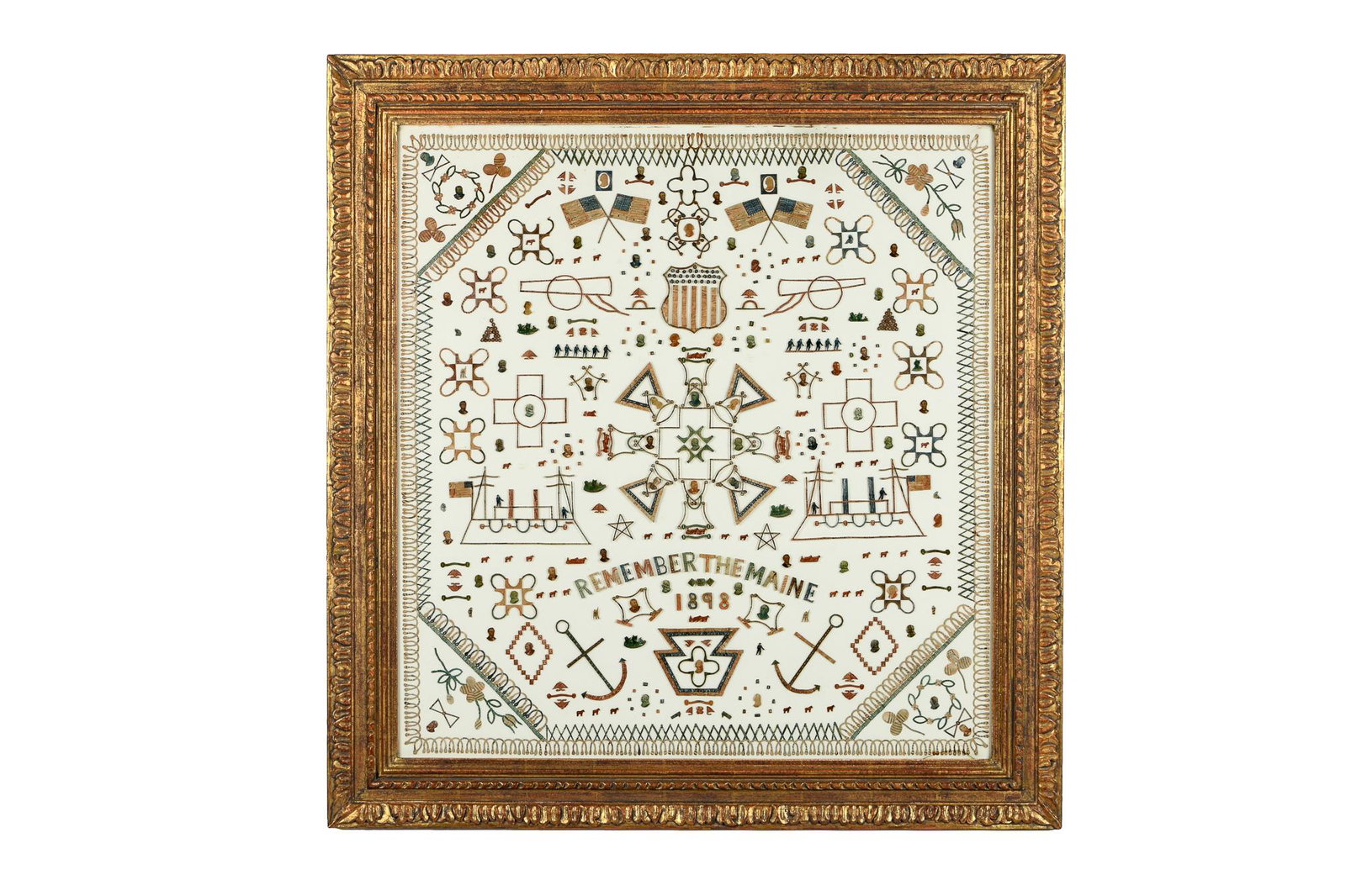 REMEMBER THE MAINE STAMP CUT OUT COLLAGE: circa 1898 in a gilt gesso frame Condition: glass cracked in lower right hand corner 29 x 27 inches