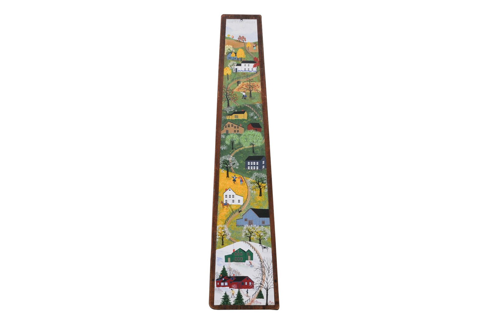EDWIN ARTHUR JOHNSON: "VLIE CREEK VALLEY": circa 1990 acrylic on old wood ironing board board found in Fly Creek Barn signed and dated lower left Provenance: with "Toad Hall, Cooperstown - Saratoga Springs" gallery label verso 60 x 15 inches