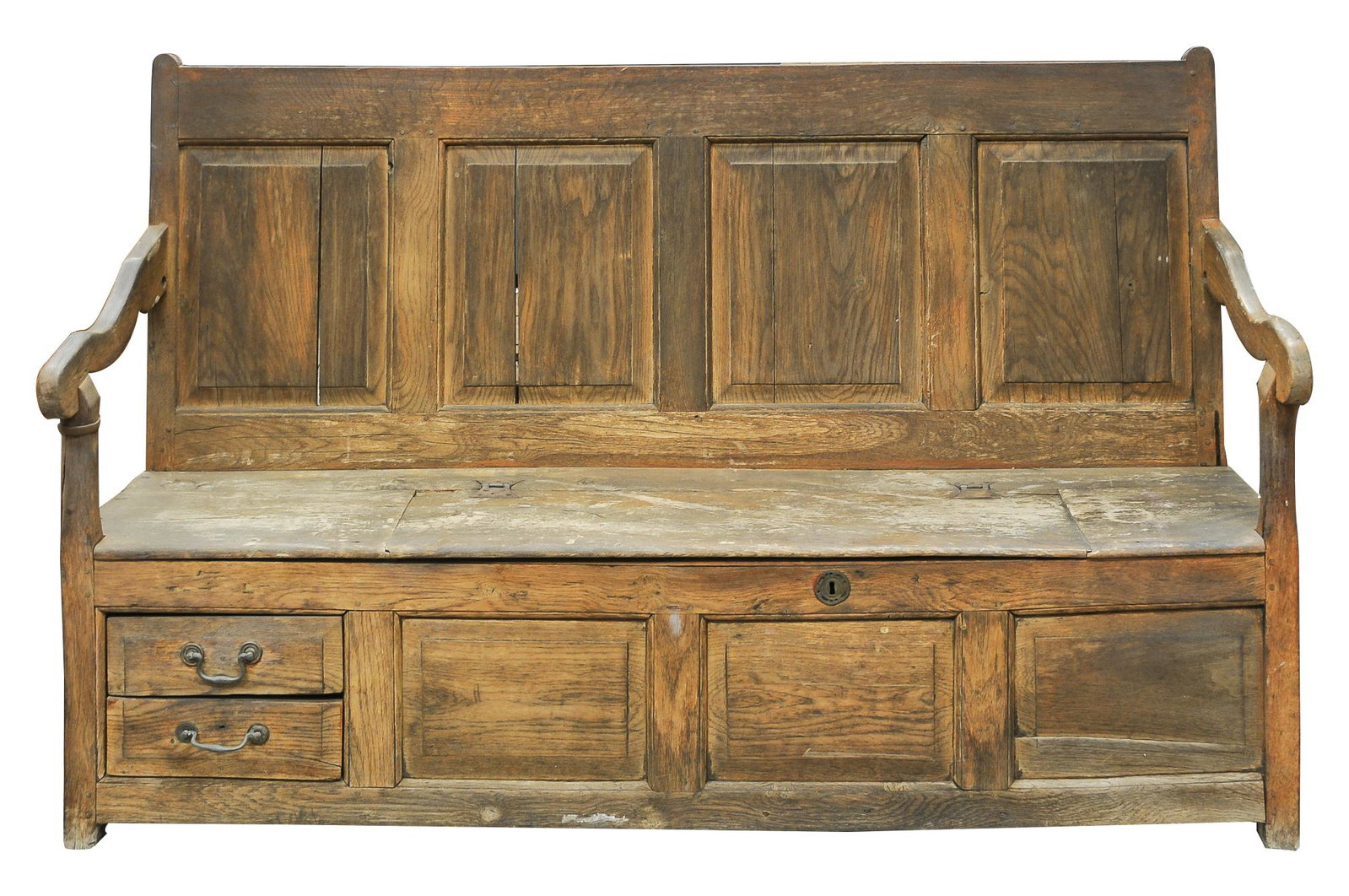 AMERICAN PRIMITIVE OAK SETTLE BENCH: circa 19th Century oak with iron supports and hinges with hinged seat over a storage compartment and two drawers Condition: weathered and worn consistent with age and outdoor exposure; splits to back 