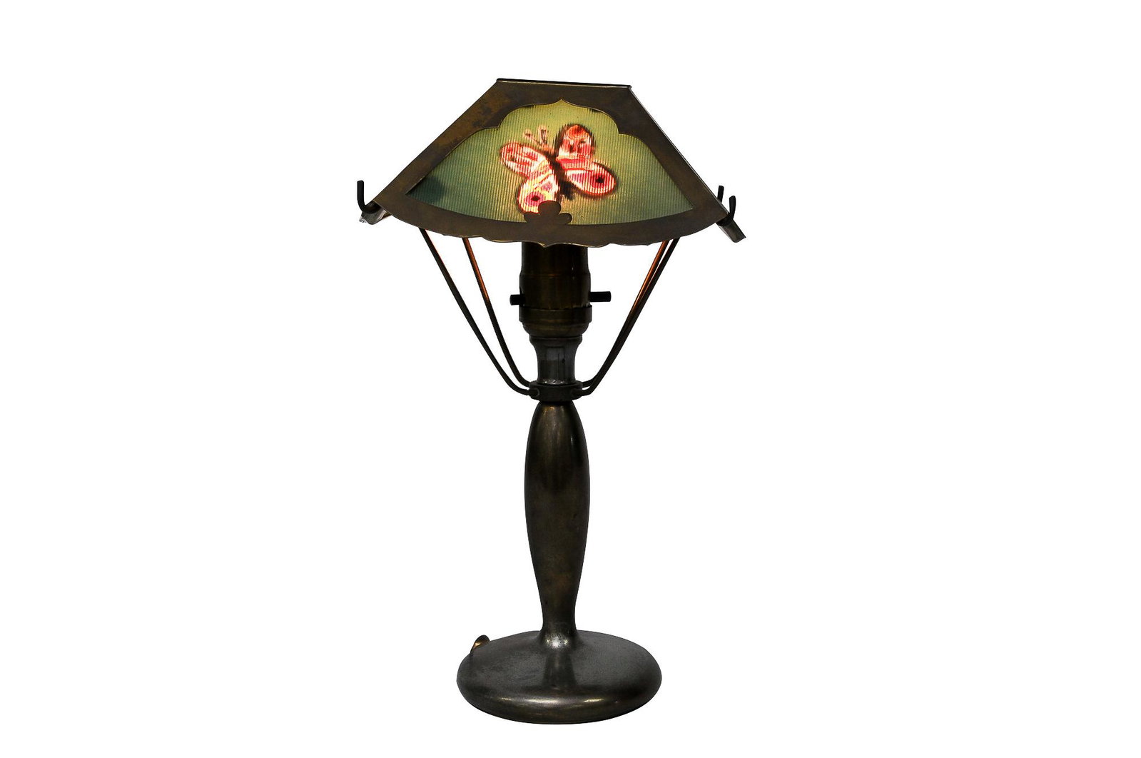 PAIRPOINT BUTTERFLY TABLE LAMP: circa 1910-1915 brass and reverse painted glass shade with a brass base shade signed PAIRPOINT MFG. Co. 7622 underside of metal base signed PAIRPOINT MFG. Co. C3020 12 total inches high; shade: 8 inch