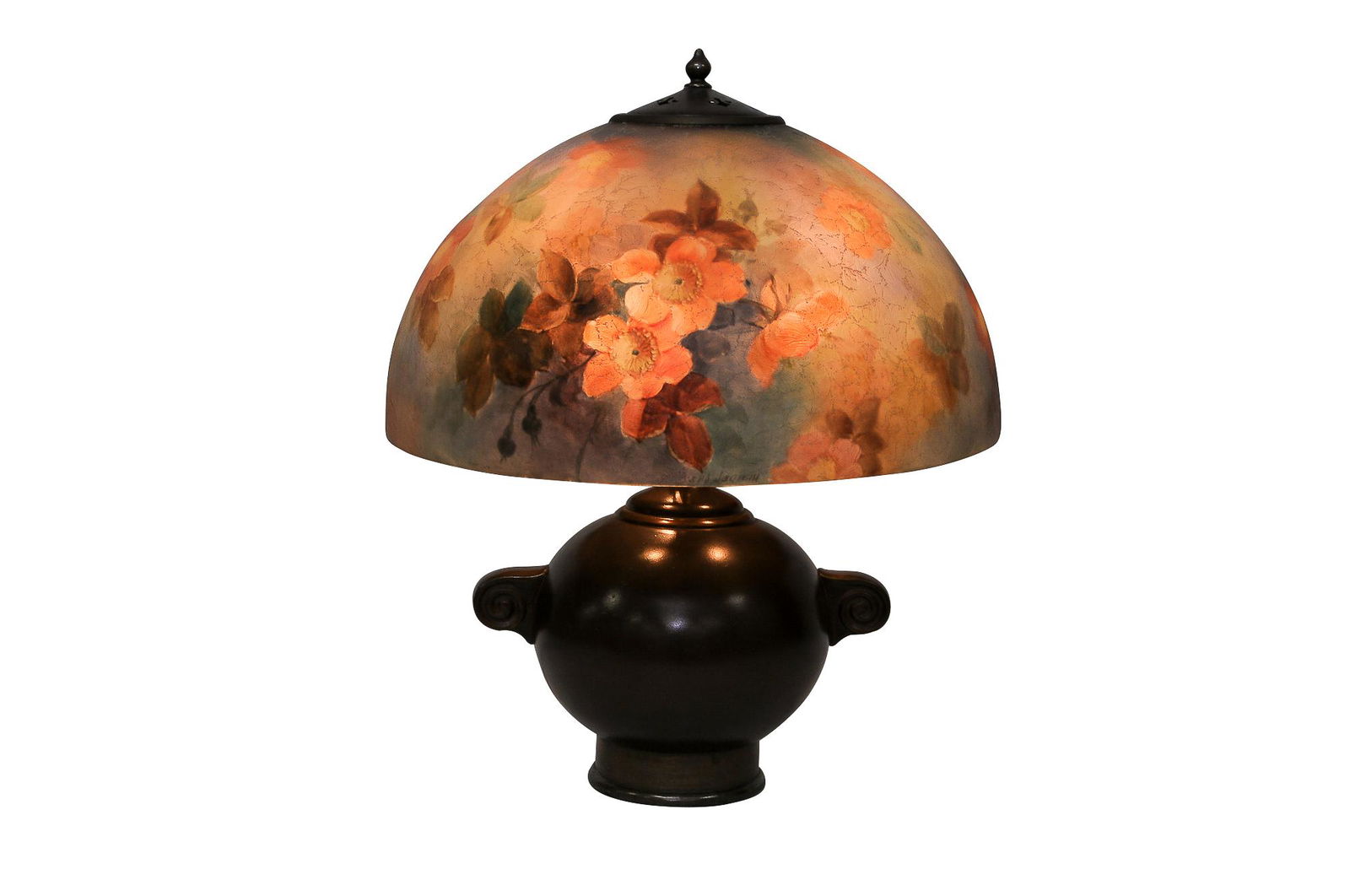 HANDEL FLORAL SHADE TABLE LAMP: circa 1917 reverse painted "chipped ice" glass shade with a patinated bronze base shade depicting pink flowers shade signed HANDEL 6422 R underside no visible signature on base Condition: with slight