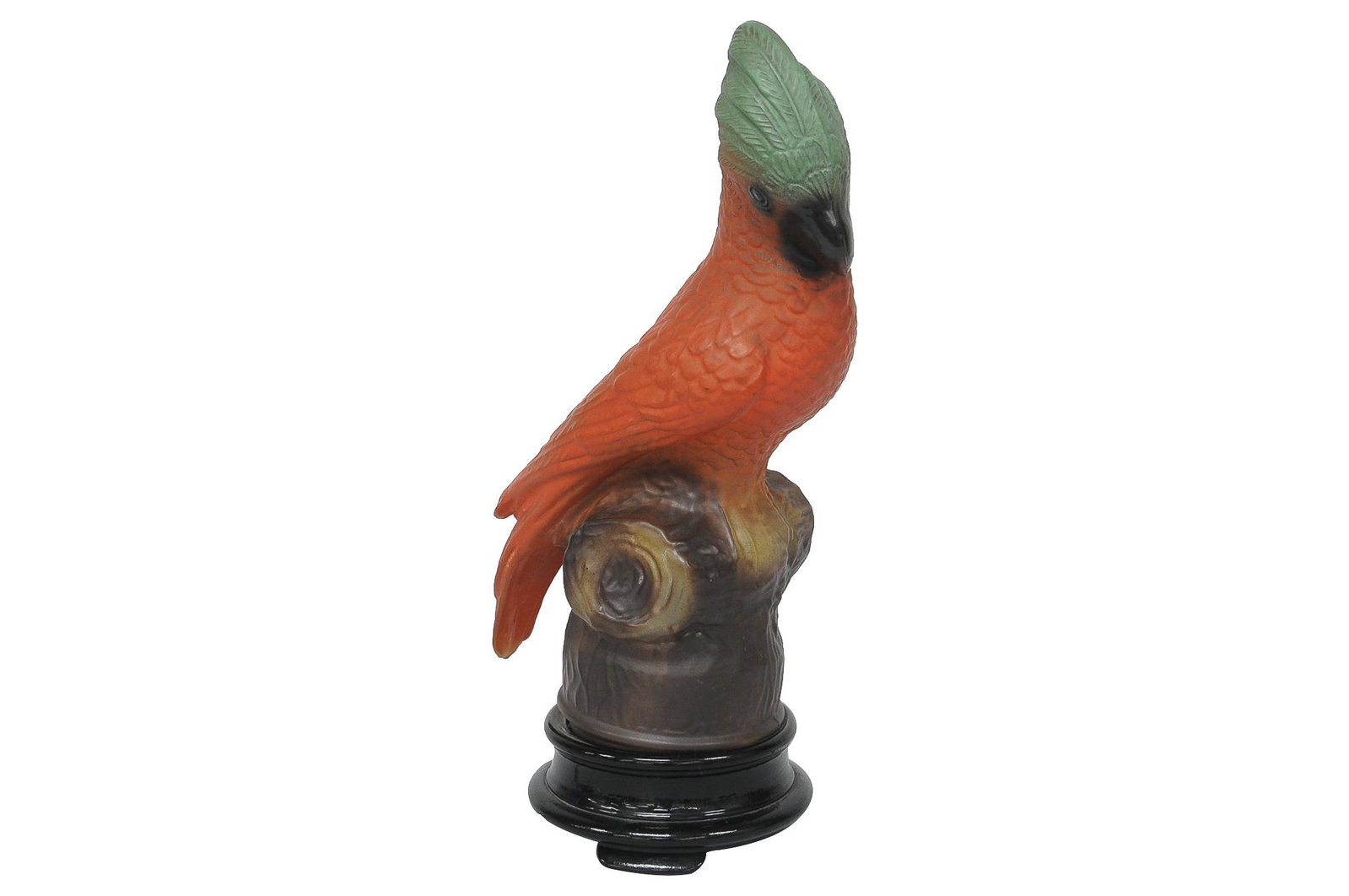 CONSOLIDATED GLASS CO. PARROT LAMP: circa mid-20th Century painted glass shade resting on a porcelain base lamp depicting a parrot sitting on a branch Provenance: James D. Julia Inc. Important Glass & Lamp Auction, June 13/14/15, 1997, 