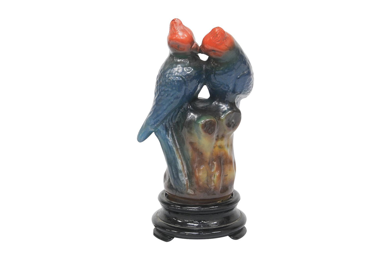 CONSOLIDATED GLASS CO. LOVEBIRDS LAMP: circa mid-20th Century painted glass shade resting on a porcelain base shade depicting two birds kissing on a branch Provenance: James D. Julia Inc. Important Glass & Lamp Auction, June 13/14/15, 1997