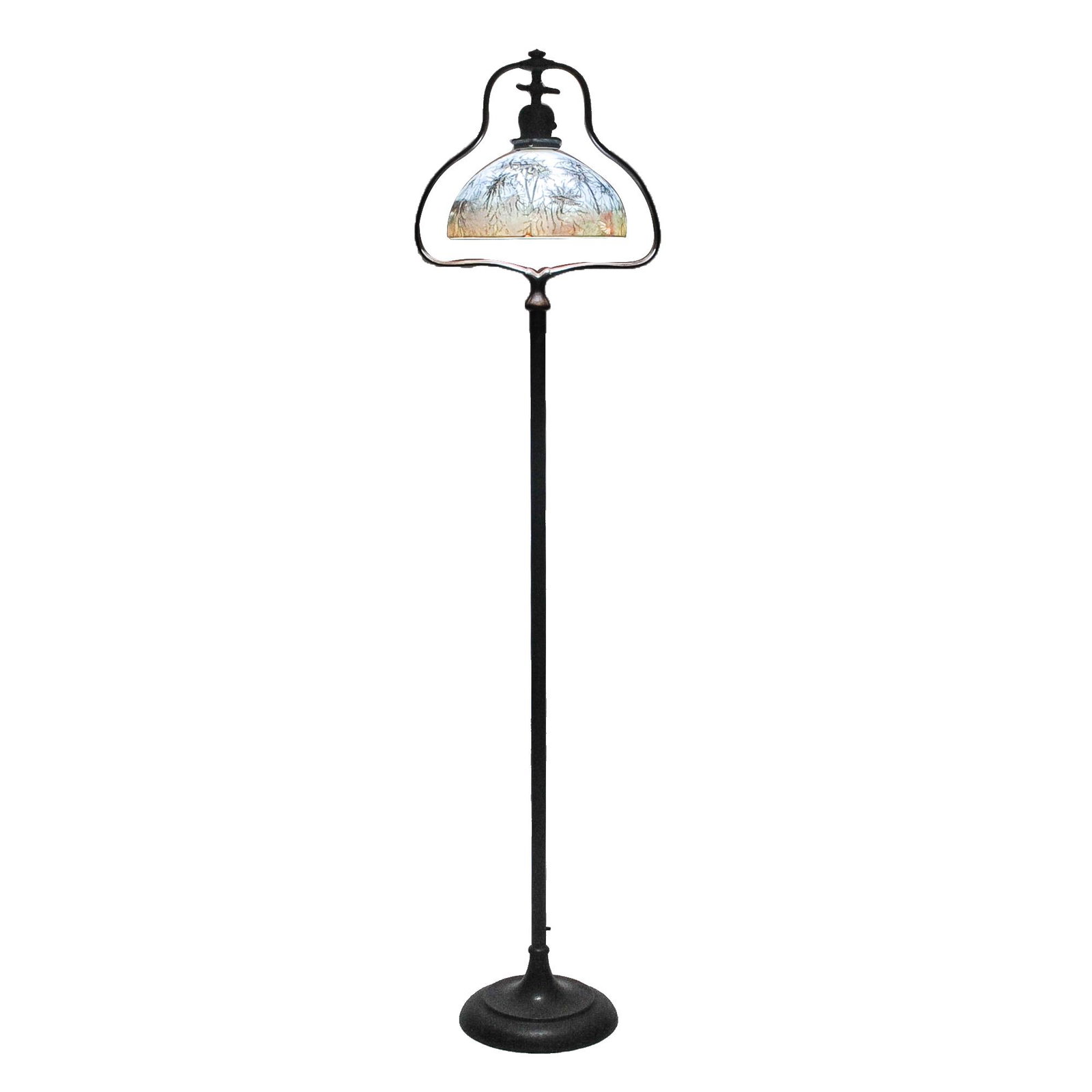 HANDEL COASTAL PALM TREES FLOOR LAMP: circa 1900-1950 reverse painted "chipped ice" glass shade with a patinated metal harp form base shade depicting clipper ships off a tropical coast shade signed HANDEL 6574 underside Condition: with la