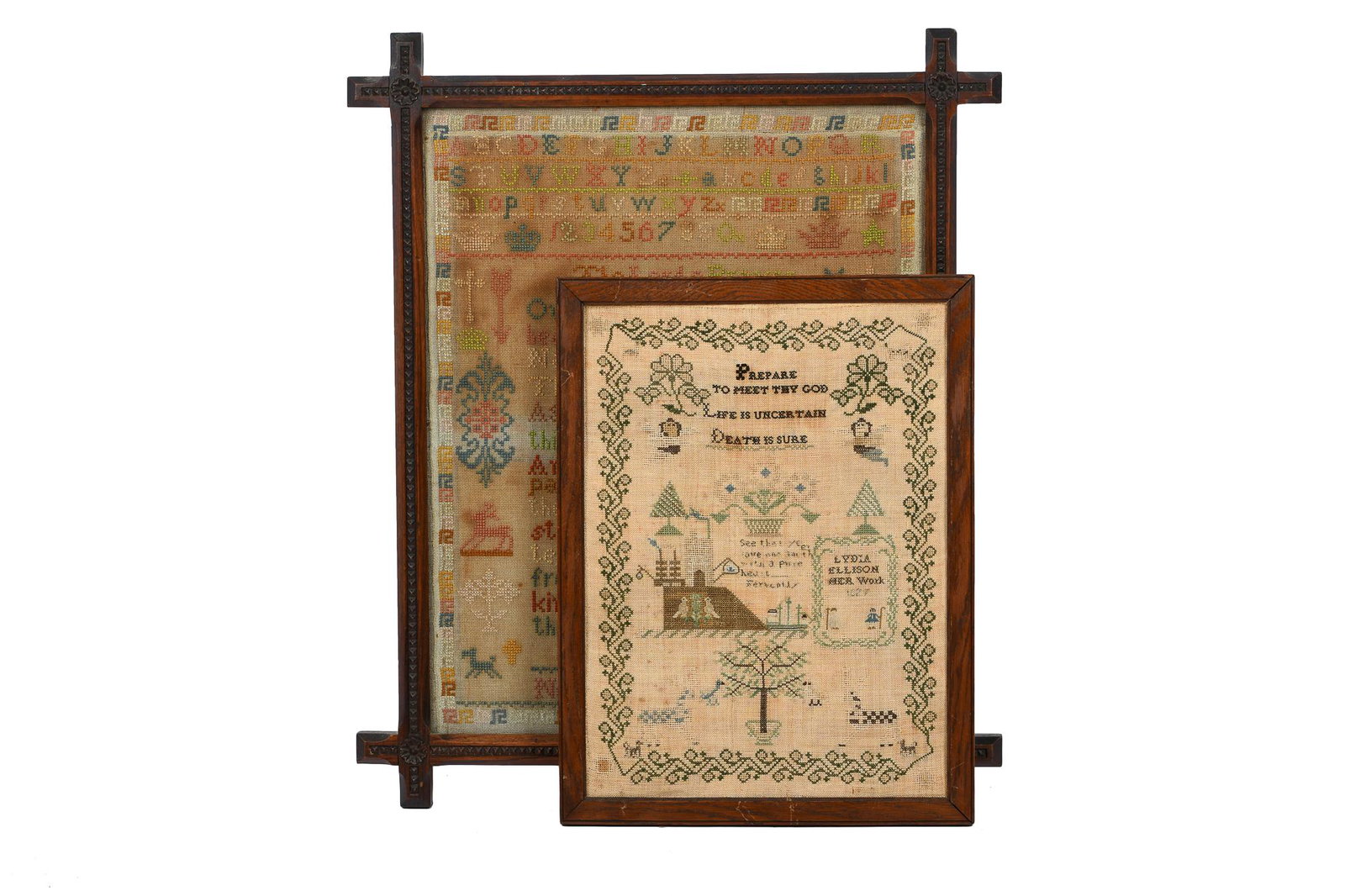 TWO ASSORTED AMERICAN SAMPLERS: including: Lydia Ellison "Prepare to Meet Thy God, Life is Uncertain, Death is Sure, and Nellie Cartwright "The Lord's Prayer" Condition: each faded and soiled throughout; Ellison sampler without glas