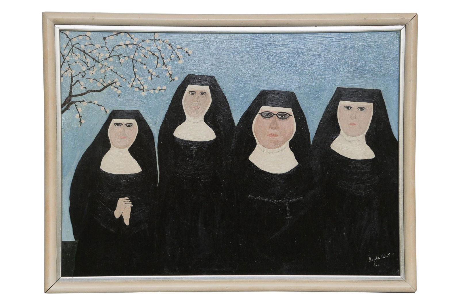 ANGELA PALLADINO: "FOUR NUNS": circa 1966 oil on masonite signed and dated lower right Condition: with inpainting center left under frame 17 1/2 x 24 inches