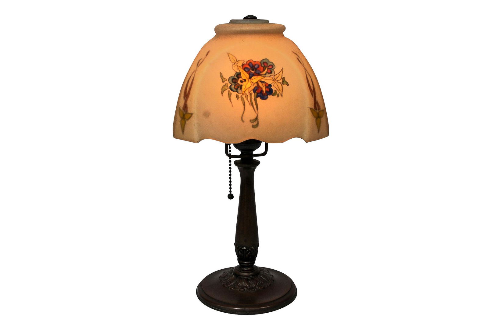 HANDEL ROWENA CHENEY FLORAL SPRAYS DESK LAMP: circa 1923 reverse painted "chipped ice" glass shade with a bronze base shade depicting multi-color floral sprays shade signed HANDEL 7072 RC base with HANDEL Lamps label underside 13 1/2 total inches