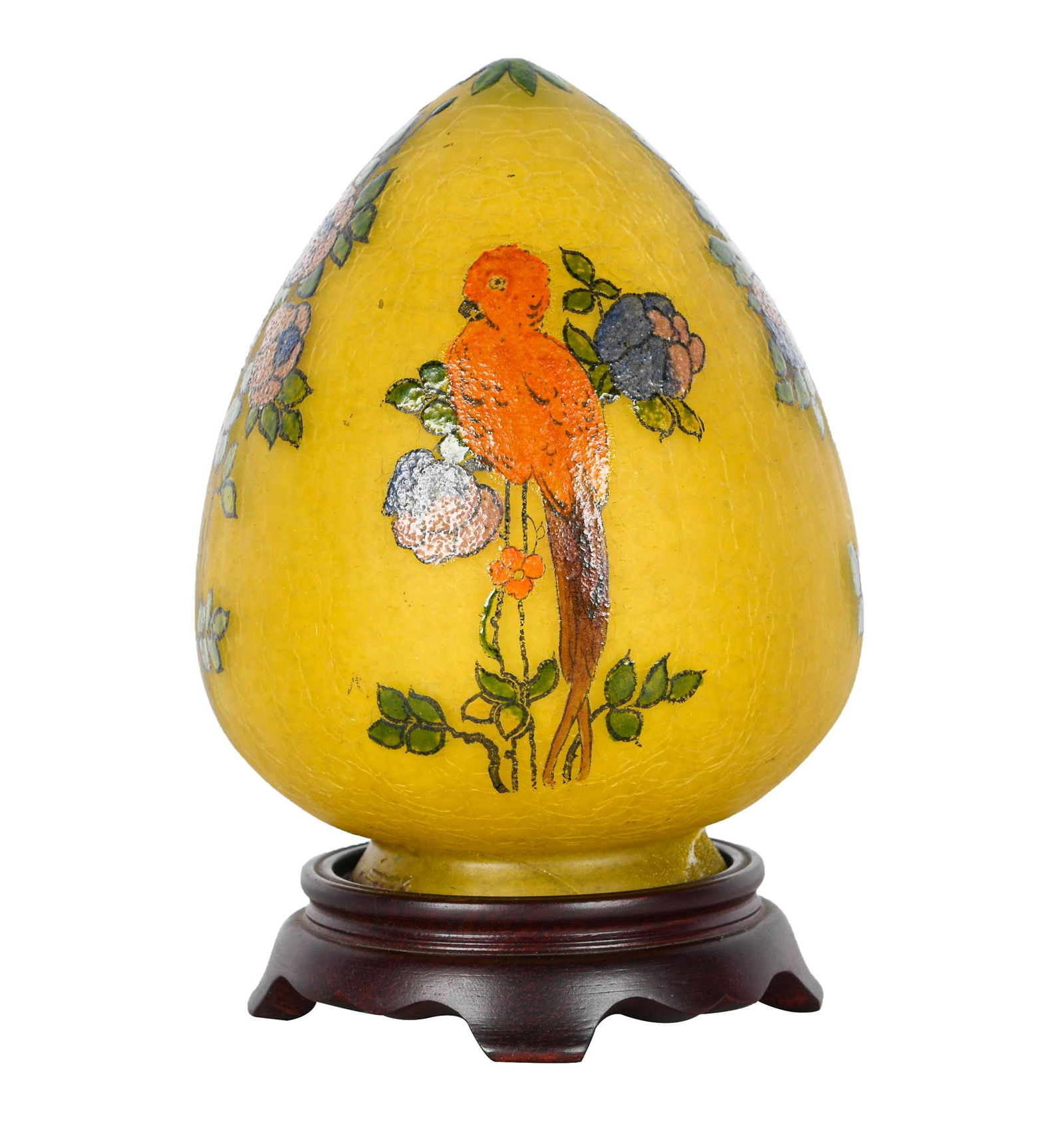 HANDEL EGG FORM BIRD SHELF LAMP: circa first quarter 20th Century painted and reverse painted glass shade on a later wood base depicting a red bird with multi-color flowers Condition: with damage and repair lower 8 total inches high