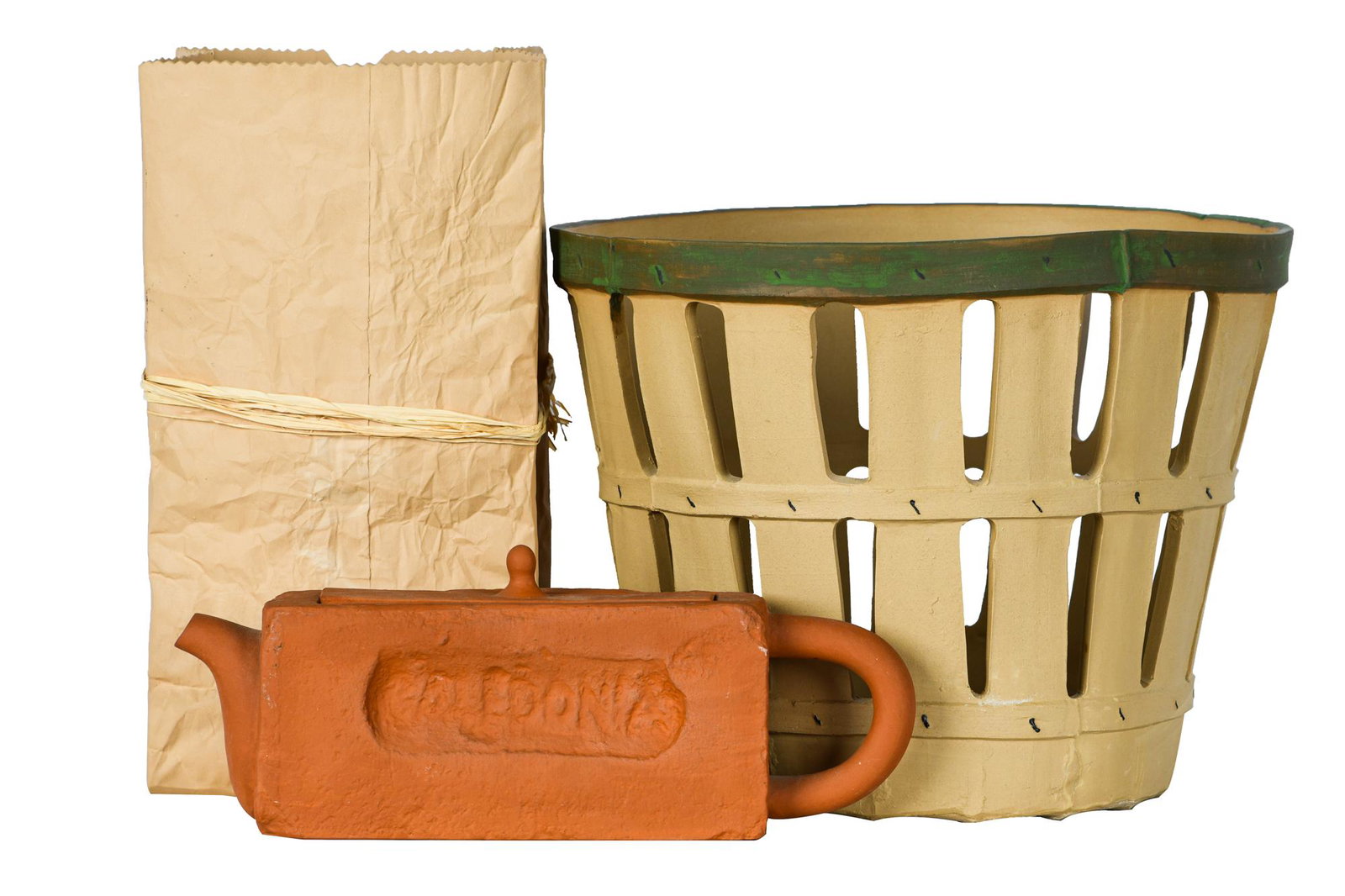 MICHAEL HARVEY: THREE CERAMIC PIECES: circa late 20th Century including: a basket form vase, a paper bag form vase and a red brick form teapot with artist's stamp on bag and basket basket: 9 1/3 inches high; bag: 12 inches high; teapot: 1