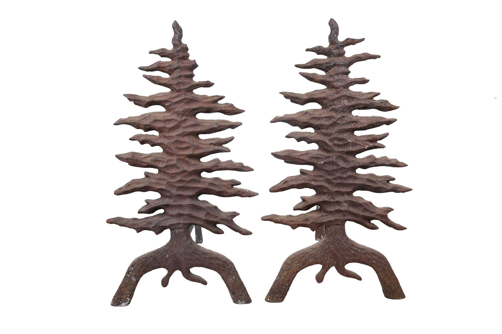 PAIR OF PINE TREE ANDIRONS: circa early 20th Century cast iron signed Martin verso in casting Condition: with loss to upper branches on one 20 inches high; 10 inches wide
