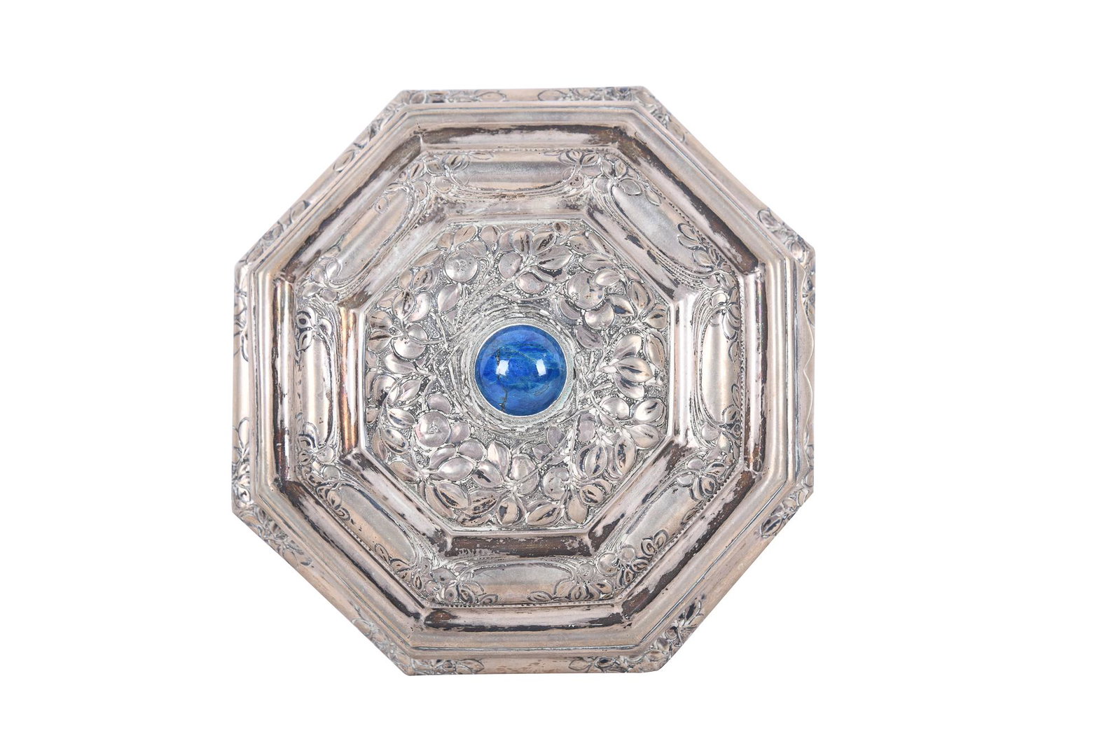 .800 SILVER & LAPIS FOOTED DRESSER BOX: marked 800 underside hinged box depicting chased repeating foliate design 7 inches diameter; 3 inches high