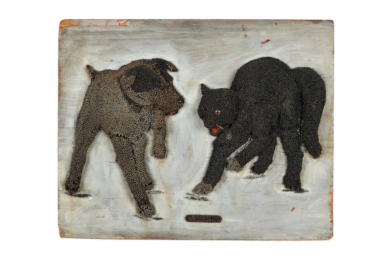 CAT & DOG TRAMP ART NAIL PICTURE: painted nails and screws on a wood board Condition: with some lost nails throughout; left eye missing on cat 16 x 20 inches