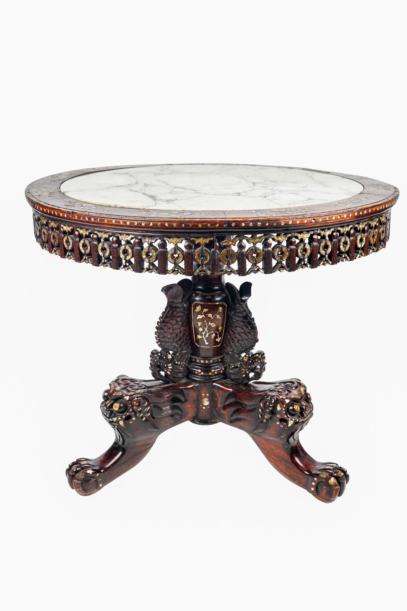 CHINESE CARVED & INLAID MARBLE-TOP CENTER TABLE (1 of 9)