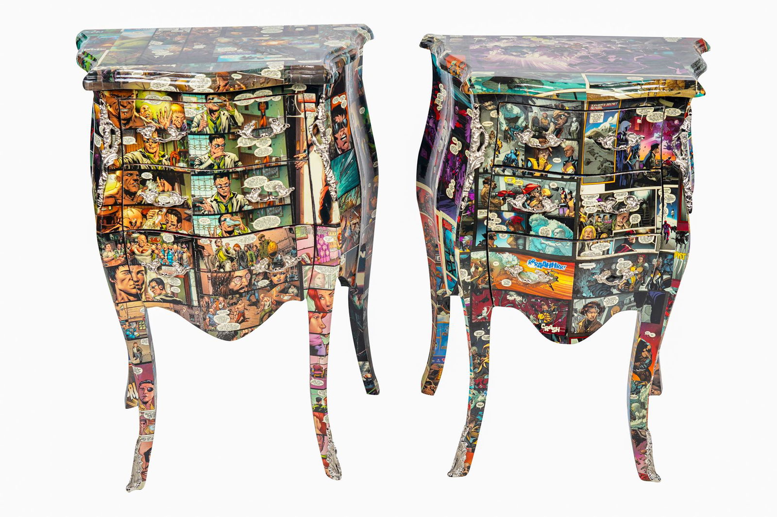 PAIR OF DECOUPAGE COMMODES: covered with comic book pictures each 20 inches wide; 13 inches deep; 29 inches high
