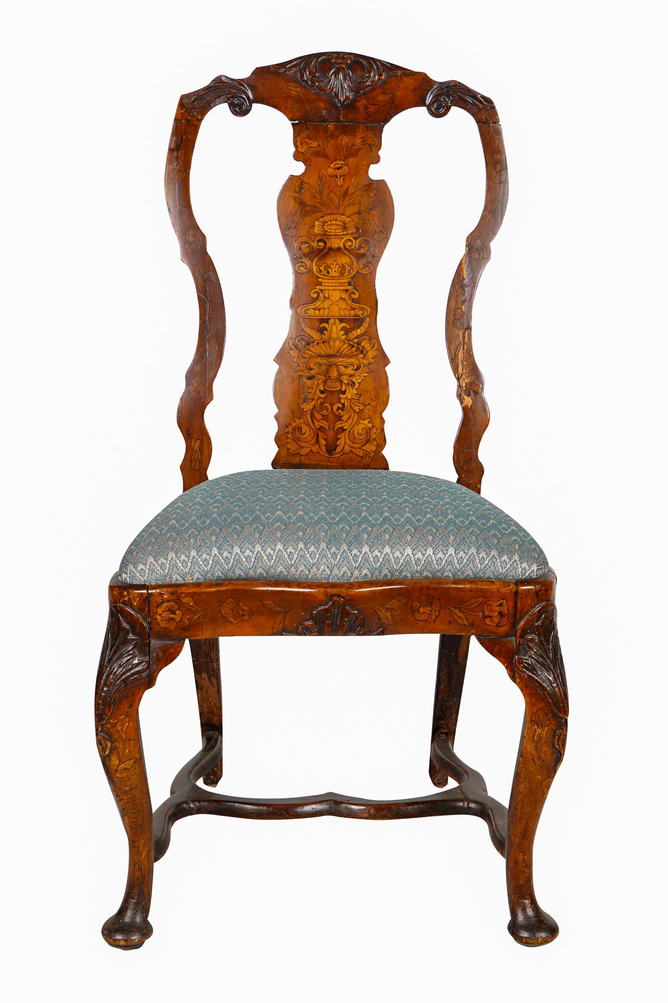 DUTCH BAROQUE STYLE MARQUETRY SIDE CHAIR: Condition: the chair back with a repair and associated losses to marquetry. Nicks and scratches to timber throughout. Shrinkage cracks throughout. Wear and losses to feet. Evidence of old, inactive wo