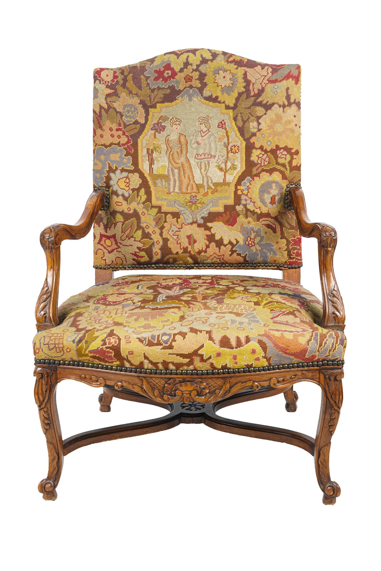 LOUIS XV STYLE CARVED WALNUT & NEEDLEPOINT FAUTEUIL (1 of 7)