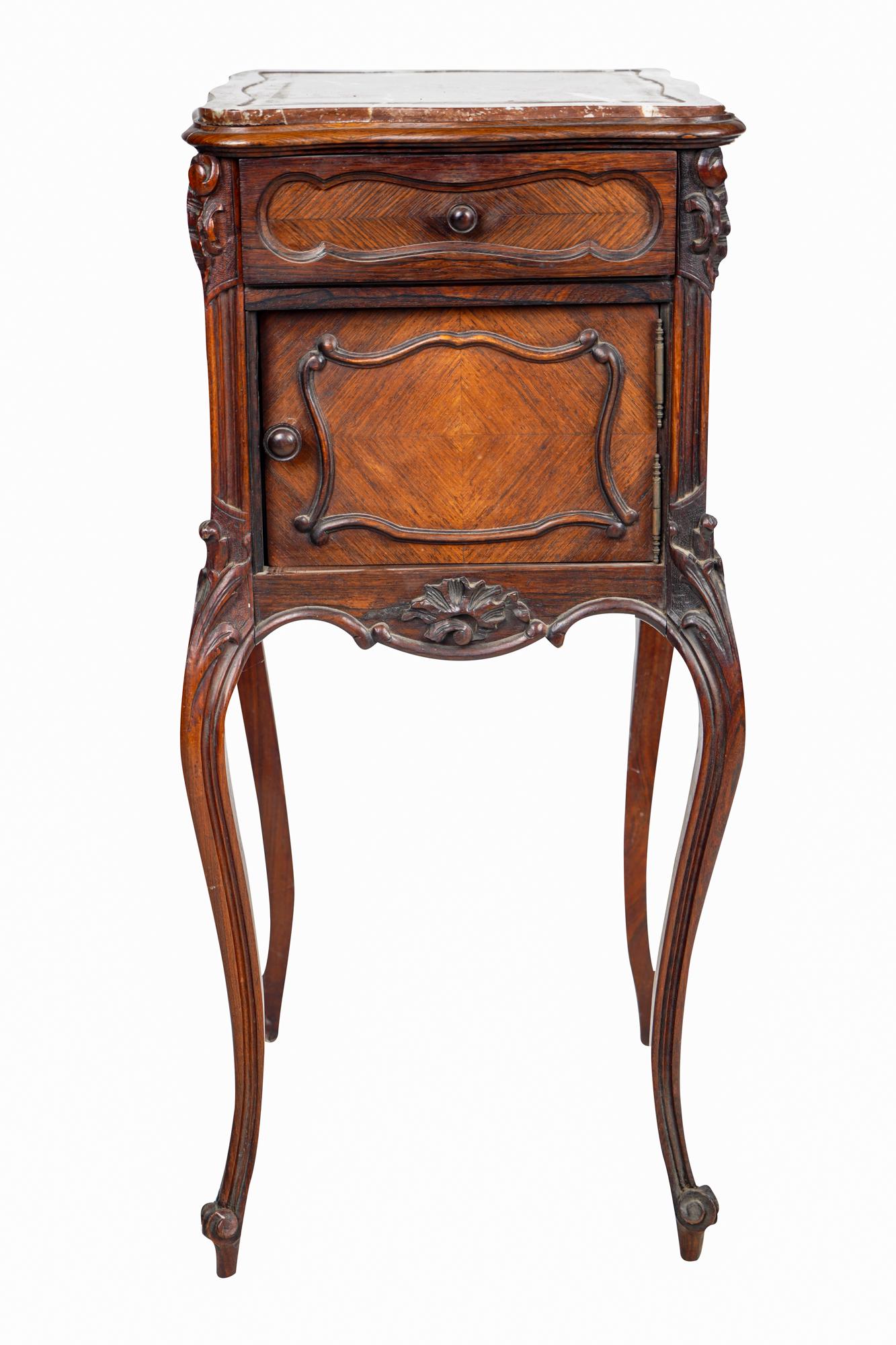 LOUIS XV STYLE MARBLE TOP NIGHTSTAND: 20th century, in the provincial style 14 1/2 inches square; 33 inches high