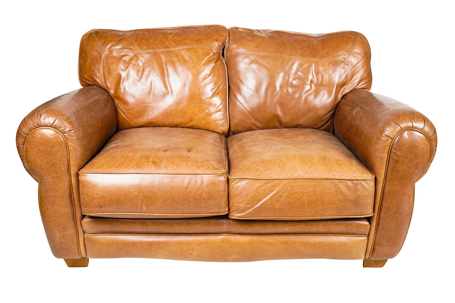 LANE LEATHER LOVESEAT: Condition: scratches and marks to leather. 61 inches wide; 38 inches deep; 31 1/2 inches high