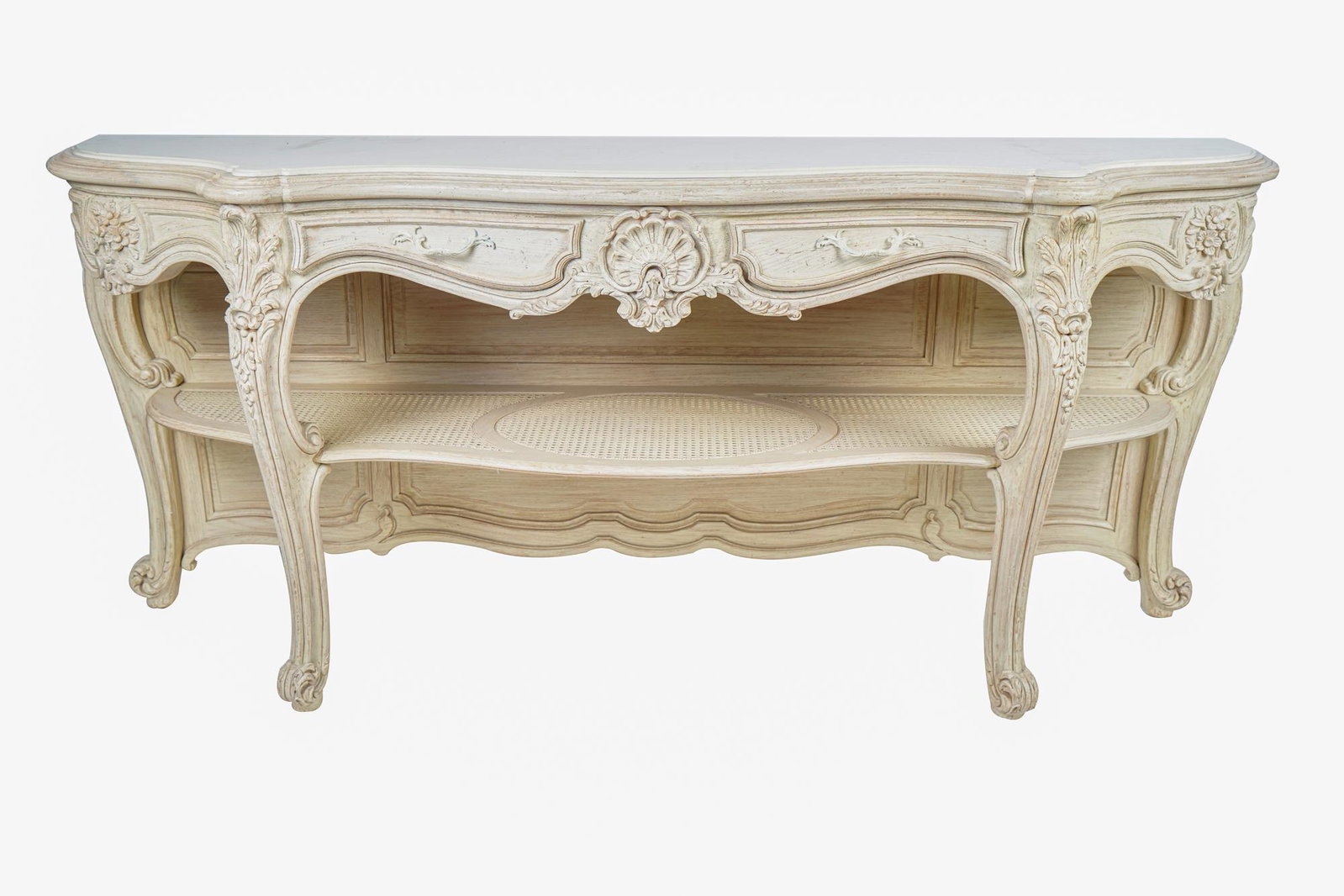 FRENCH PROVINCIAL STYLE CARVED BLEACHED WOOD CONSOLE: 82 inches wide;20 inches deep; 35 inches high