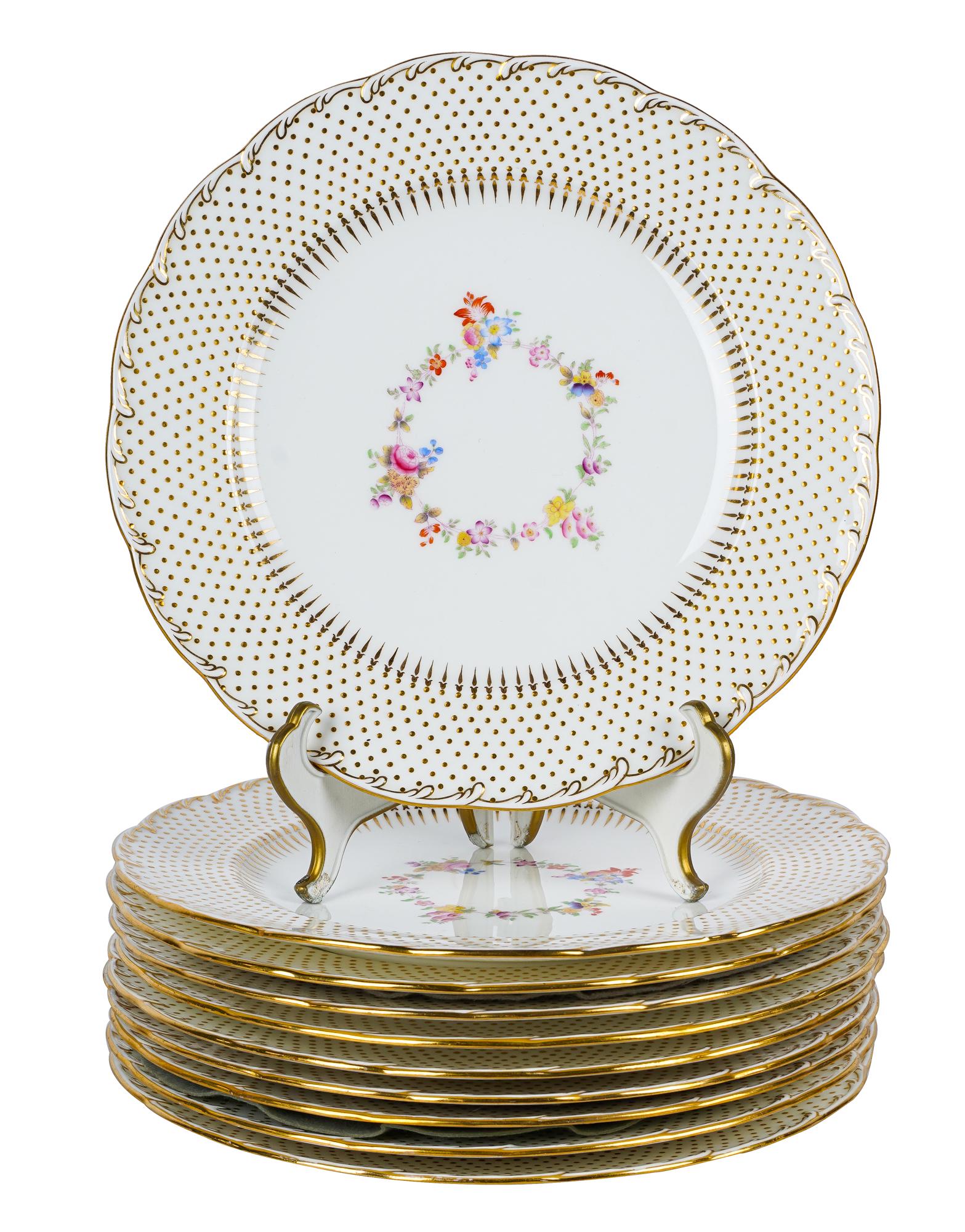 TEN MINTONS GILT & FLORAL PORCELAIN SERVICE PLATES (1 of 8)
